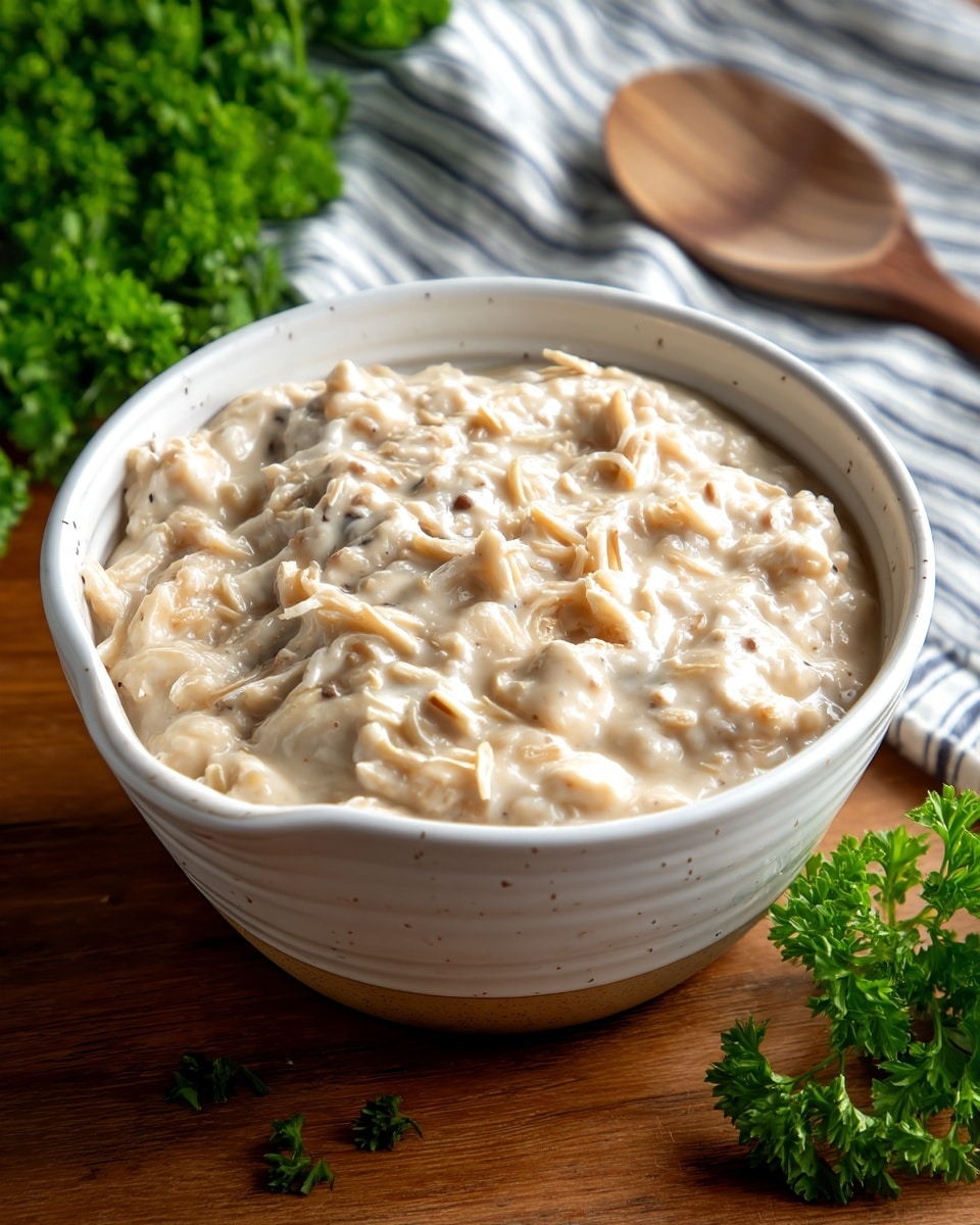 A white bowl filled with a thick, creamy mixture that is beige in color with visible small pieces of shredded ingredients, creating a textured surface. The bowl rests on a wooden table beside a wooden spoon and some green fresh parsley, with a white and blue-striped cloth partially visible in the background. The lighting highlights the creamy texture and chunky bits within the mix. The overall look is simple and rustic with a focus on the creamy dish inside the bowl. photo taken with an iphone --ar 4:5 --v 7