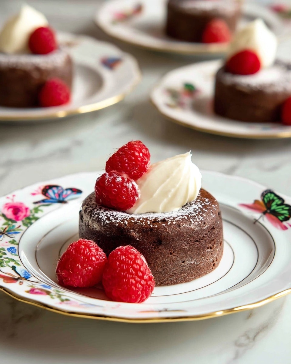 A small brown chocolate cake with a smooth, slightly cracked texture sits in the middle of a white plate decorated with colorful butterfly designs and a gold rim. On top of the cake is a dollop of creamy white whipped cream, leaning slightly to one side, with a single bright red raspberry resting partially on the cream. Around the cake on the plate are three more fresh raspberries. The cake and plate are placed on a white marbled surface, and in the blurred background, there are two more similar plates each holding chocolate cakes with raspberries. Photo taken with an iphone --ar 4:5 --v 7