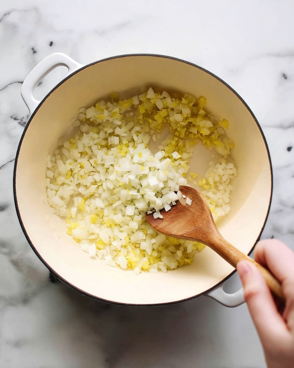A close-up top view of a white pot showing finely chopped white onions and yellow ginger pieces being stirred with a wooden spoon held by a woman's hand at the bottom right corner, all placed on a white marbled surface. The small diced onions and ginger create a scattered pattern inside the pot, with a soft warm light highlighting the smooth interior and the texture of the chopped ingredients. Photo taken with an iphone --ar 4:5 --v 7