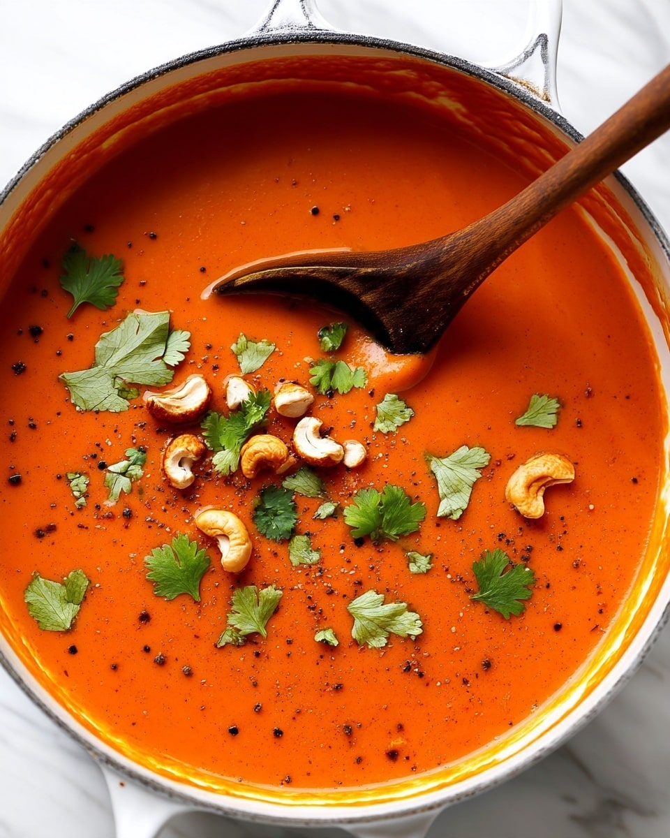 The image shows a close-up of a thick, smooth orange soup in a white pot. On top of the soup, there are scattered green cilantro leaves and small pieces of toasted cashews with a light brown color. A wooden spoon is partially dipped into the soup on the right side, with its dark brown handle extending out. The soup surface has small specks of black pepper, adding texture and contrast. The pot's inner rim shows some soup residue, and the background is a white marbled texture. Photo taken with an iphone --ar 4:5 --v 7