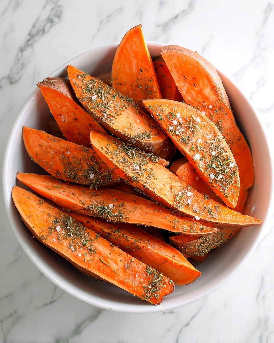 The image shows a white bowl filled with thick orange sweet potato wedges with skin on, arranged upright and closely packed together. The wedges are lightly sprinkled with green dried herbs and coarse salt, giving them texture. The bowl is placed on a white marbled surface, and the overall look is fresh and simple, focusing on the natural colors and shapes of the sweet potatoes. Photo taken with an iphone --ar 4:5 --v 7