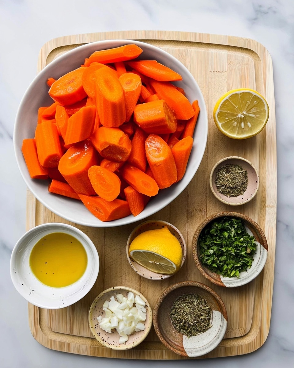 A white bowl filled with large pieces of bright orange carrots sits on a light wooden board. Around the bowl, six small white bowls hold different ingredients: finely chopped garlic, light yellow lemon half, bright green chopped herbs, ground dried herbs, a golden liquid resembling honey, and a pale olive oil. The wooden board and bowls rest on a white marbled surface. photo taken with an iphone --ar 4:5 --v 7