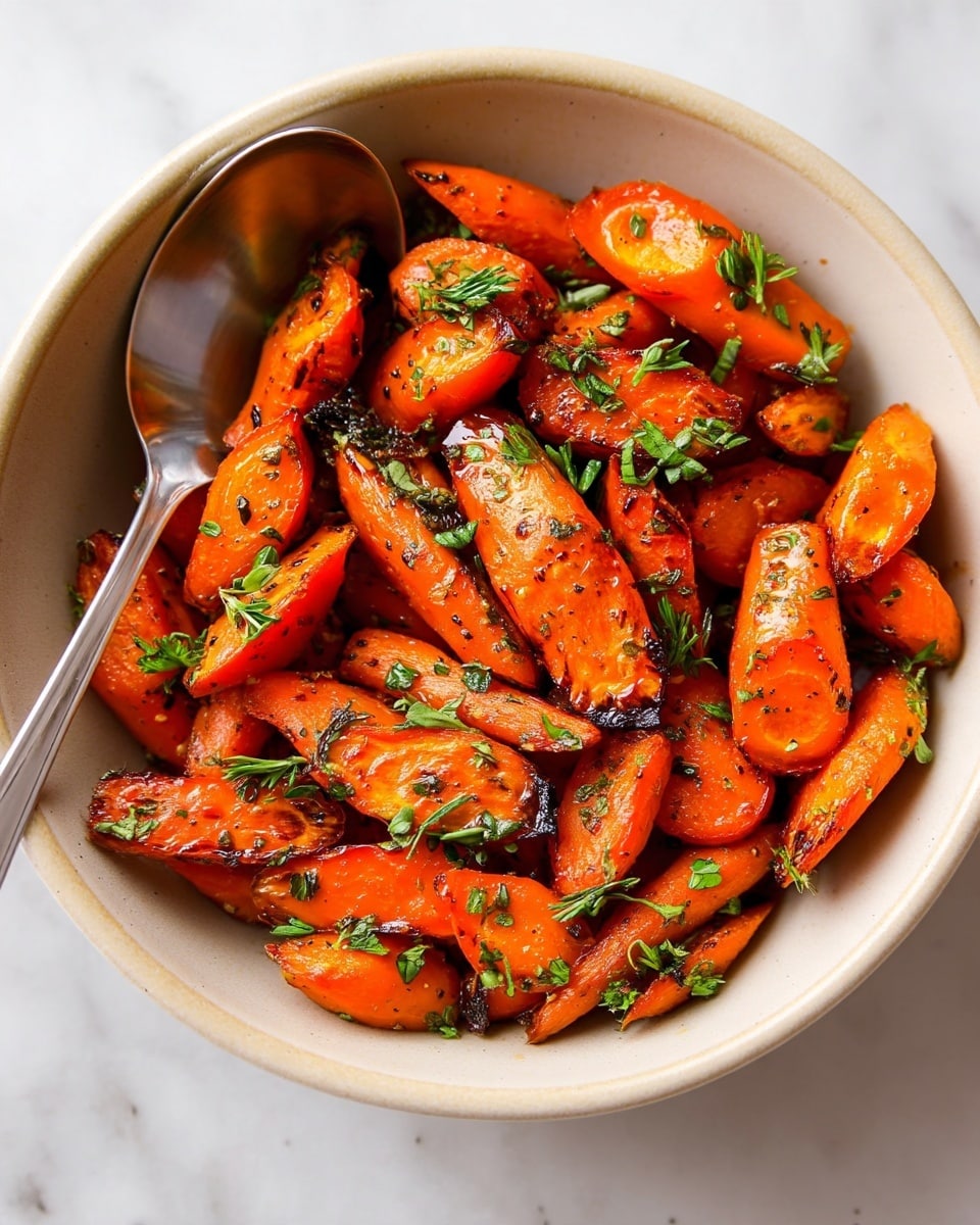 A bowl filled with about two layers of bright orange roasted carrot pieces, each piece showing some charred edges and glistening with a light oil coating. Fresh small green herb leaves are sprinkled over the carrots, adding bursts of green color against the orange. The bowl is light beige and sits on a white marbled surface. A shiny metal spoon is tucked into the side of the bowl, visible near the edge. photo taken with an iphone --ar 4:5 --v 7