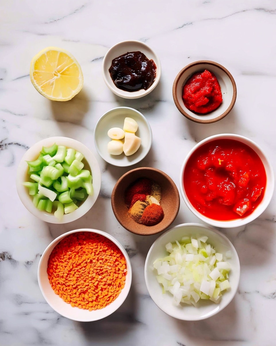 The image shows an arrangement of nine small white bowls on a white marbled surface, each holding different ingredients. From top left going clockwise, there is a half lemon with pale yellow flesh, a white bowl with dark brown paste, a white bowl with bright red paste, a white bowl with small orange cubes, a white bowl with bright red tomato chunks, a white bowl with small orange lentils, a half lemon with pale yellow inside, a white bowl with chopped white onions, a white bowl with chopped light green celery, a small white bowl with three garlic cloves, and a small white bowl with two small piles of brown and red spices in the center. The bowls are neatly spaced, presenting a colorful mix of fresh and dried ingredients. Photo taken with an iphone --ar 4:5 --v 7