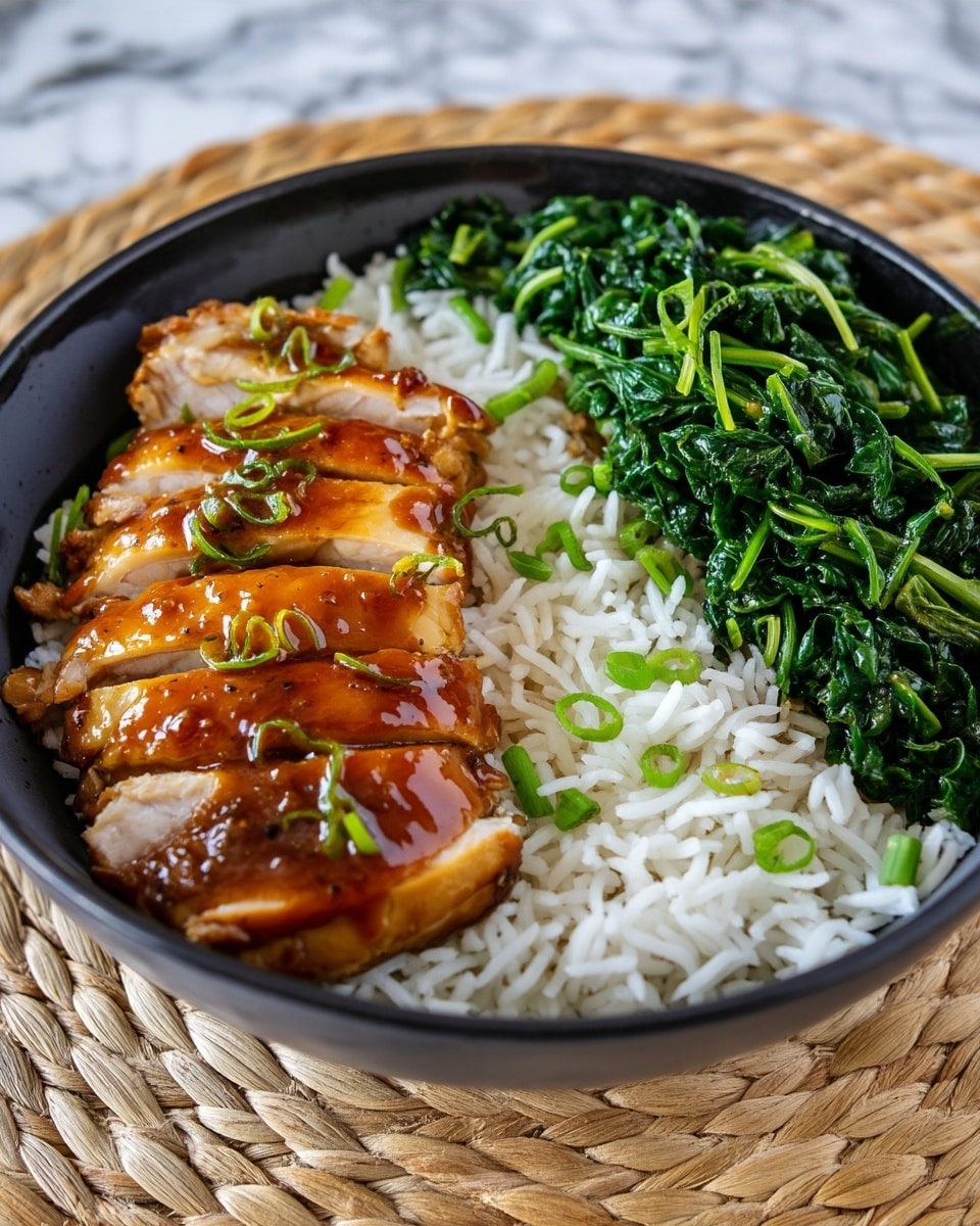 A black bowl holds three layers of food placed on a white marbled surface. The first layer on the bottom is white rice with scattered small green pieces. On top of the rice, there is a layer of sliced cooked chicken covered in a shiny brown sauce, sprinkled with thin green onion slices. To one side of the chicken and rice, there is a layer of large, bright green cooked leafy vegetables. The bowl sits on a woven natural mat. photo taken with an iphone --ar 4:5 --v 7