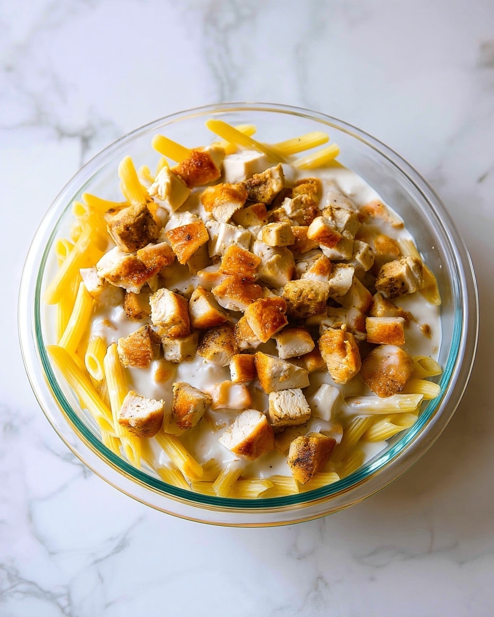 A clear glass bowl on a white marbled surface holds a dish with two main layers: the bottom layer is yellow penne pasta, and the top layer is white sauce, generously covered with evenly cut golden-browned pieces of cooked chicken cubes. The colors show a mix of pale yellows, creamy white, and light brown, creating a simple and appetizing look. photo taken with an iphone --ar 4:5 --v 7