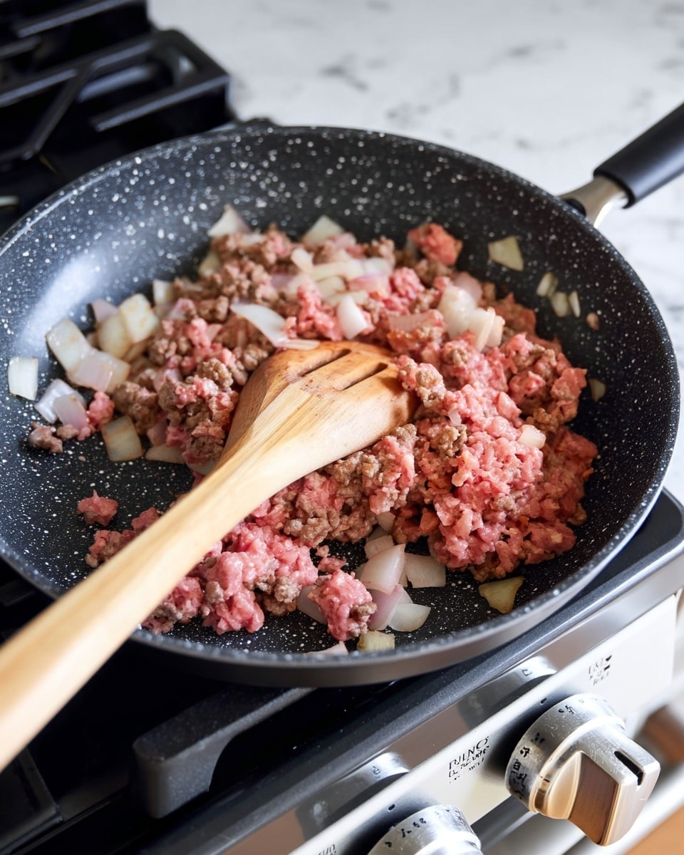 A black speckled frying pan on a stove holds cooked and partially cooked ground meat mixed with diced onions. The mixture shows layers of brown cooked meat, pink raw meat, and off-white translucent onions. A light-colored wooden spatula with slotted holes rests in the pan, slightly lifting some of the mixture. The stove beneath has metallic knobs on a silver surface, and a white marbled countertop is visible next to the stove. The overall scene focuses on the pan’s contents with the stove controls slightly blurred in the background. photo taken with an iphone --ar 4:5 --v 7