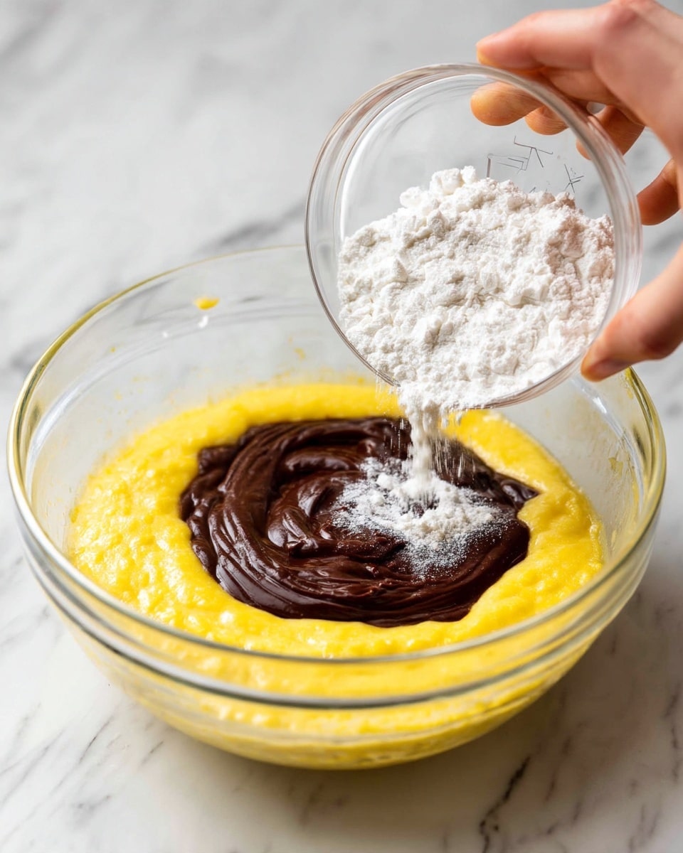 A clear glass bowl filled with a thick yellow mixture that looks like beaten eggs or batter. In the middle, there is a dark brown layer of melted chocolate. On top, a small clear bowl is pouring a white powder, likely flour, over the chocolate and yellow batter. A woman's hand is holding the small bowl from the top right corner. The bowl is placed on a white marbled surface. photo taken with an iphone --ar 4:5 --v 7