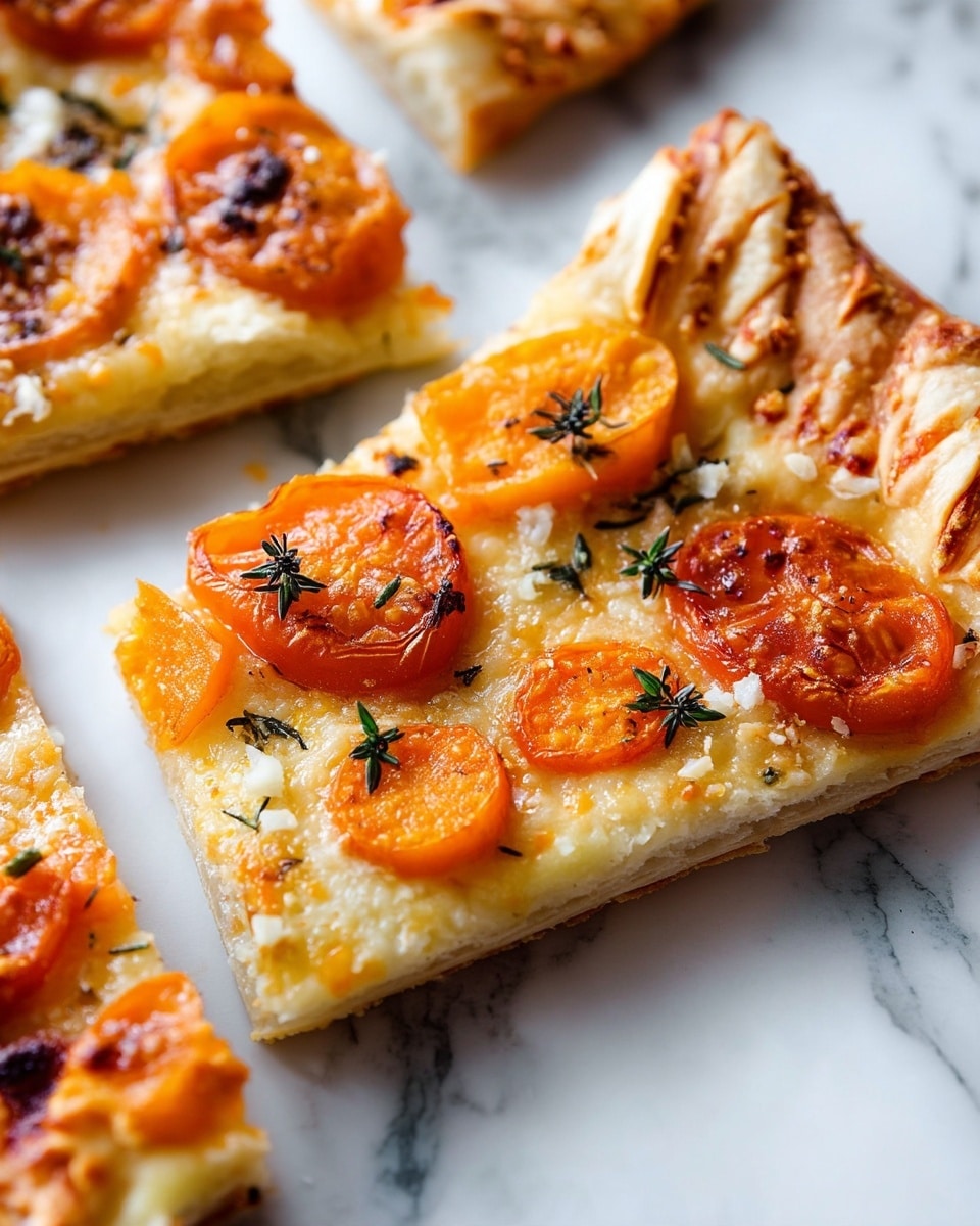 A close-up view of a pizza slice showing three main layers. The bottom layer is a light golden crust with a soft, flaky texture that looks thick and airy. Above the crust, there is a thin layer of melted cheese with a light golden brown color and some dark, crispy spots. The top layer has bright orange slices of roasted vegetables scattered across, adding a vibrant color and slightly wrinkled texture. There are also small sprigs of green herbs visible for contrast. The pizza pieces rest on a surface with a white marbled texture. photo taken with an iphone --ar 4:5 --v 7
