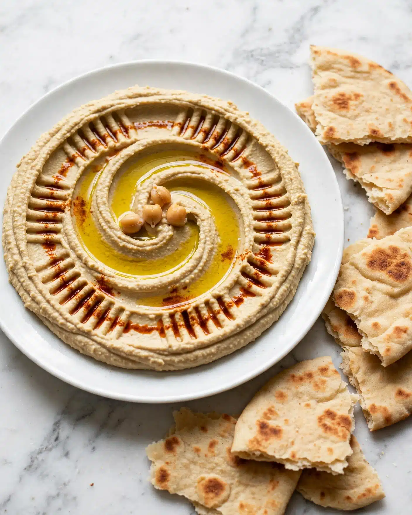 Pumpkin Chipotle Hummus Recipe 5 A white plate holds a single thick layer of smooth, creamy hummus in light tan color, spread in a circular swirl pattern with ridges. The center has a shallow well filled with golden-yellow olive oil, with a reddish-brown drizzle of paprika oil poured along the swirl ridges. A few whole chickpeas are placed near the center on top. The plate sits on a white marbled surface, and pieces of flatbread with some brown toasted spots are arranged nearby. Photo taken with an iphone --ar 4:5 --v 7