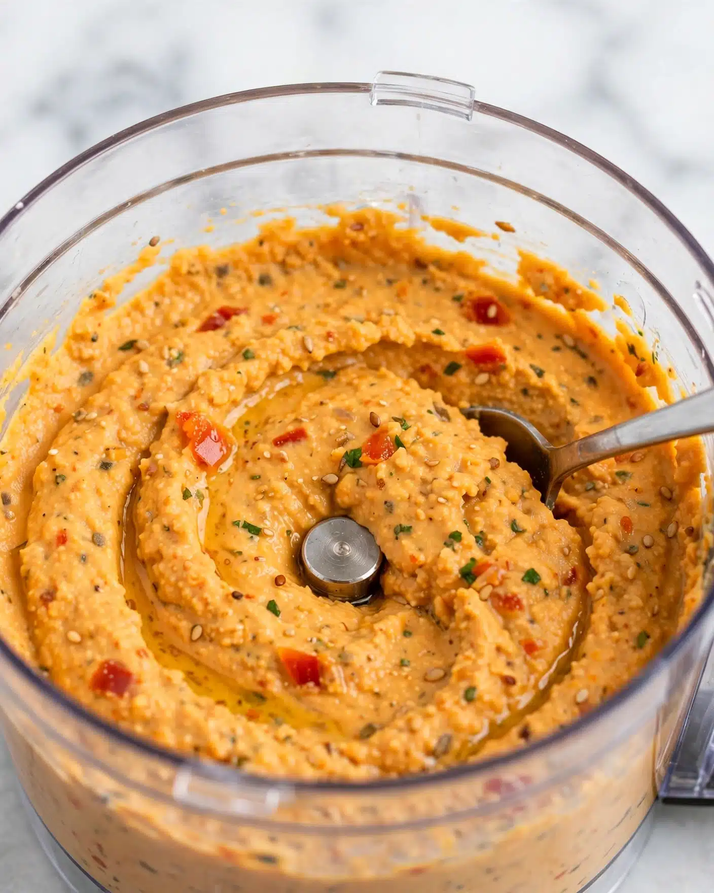 Pumpkin Chipotle Hummus Recipe 4 The image shows a close-up view of a clear food processor bowl filled with thick, creamy orange hummus. The hummus has a smooth yet slightly textured surface with visible small bits. A silver spoon is partially inserted into the hummus, positioned near the center right of the bowl where the blending blade normally sits. The background surface has a white marble pattern, softly blurred, giving a clean and bright look. photo taken with an iphone --ar 4:5 --v 7