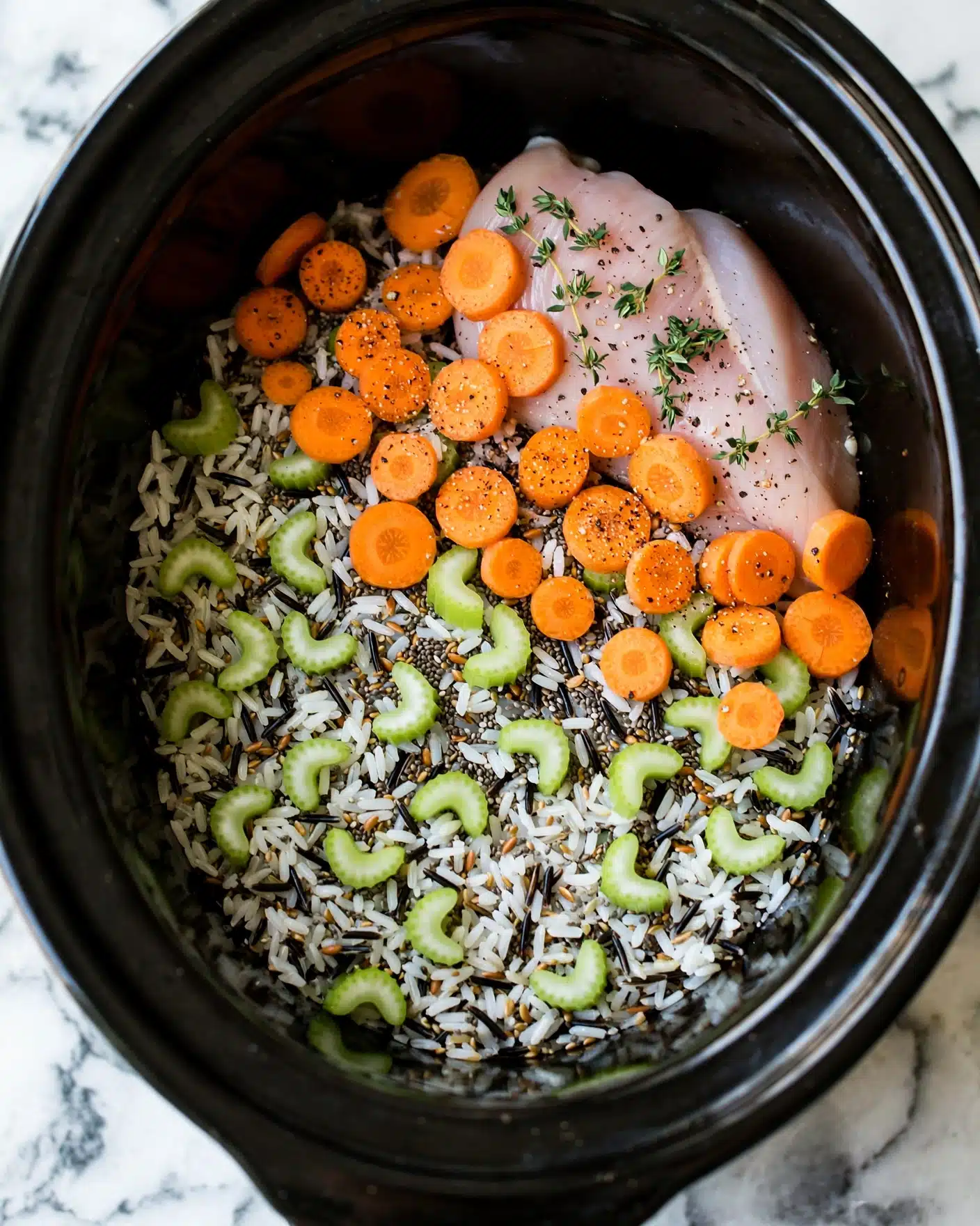 Inside a black slow cooker, there is a mix of ingredients composed of three main layers. The bottom layer shows a blend of wild rice and white rice, mixed with small seeds and light green celery pieces cut into small crescent shapes, spread evenly across the base. Above this is a layer of chopped orange carrot rounds scattered over the rice, showing some seasoning with flakes of black pepper. On the top right, there is a single piece of light pink raw chicken, partially hidden under the carrot, sprinkled with fresh green thyme leaves and some black pepper. The ingredients are set against the dark inside of the slow cooker, with a white marbled texture surface underneath the cooker seen faintly. photo taken with an iphone --ar 4:5 --v 7