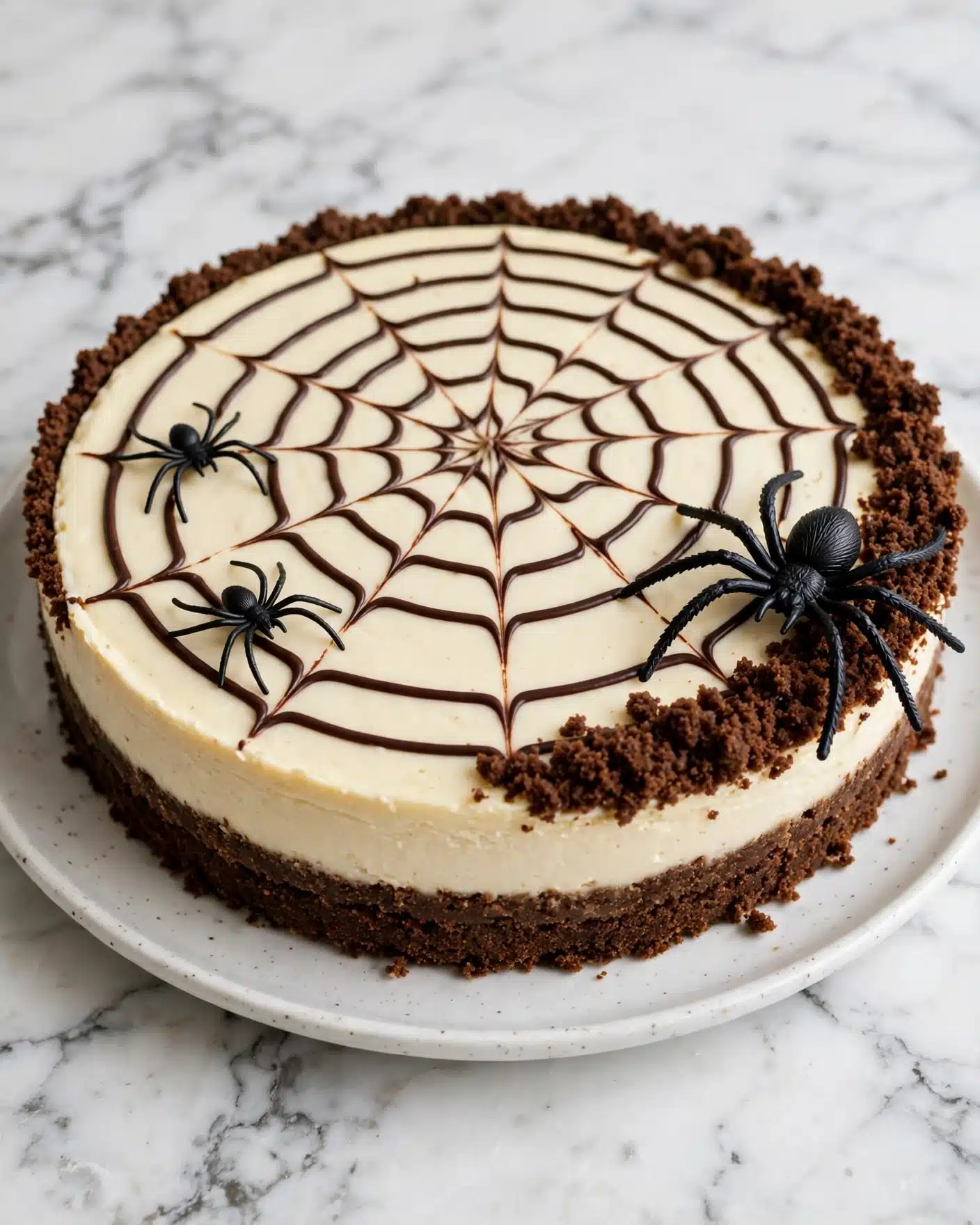This image shows a pie with three layers. The bottom layer is a crumbly, dark brown crust that forms a thick edge around the pie. The middle layer is smooth and cream-colored, filling the pie evenly inside the crust. On top, dark chocolate lines are drawn in a spider web pattern across the cream layer, with lines connecting in the center and radiating outwards. Three plastic black spiders are placed on the pie: one large spider near the crust edge on the right, and two smaller spiders on the left side. The pie sits on a white plate over a white marbled surface. Photo taken with an iphone --ar 4:5 --v 7