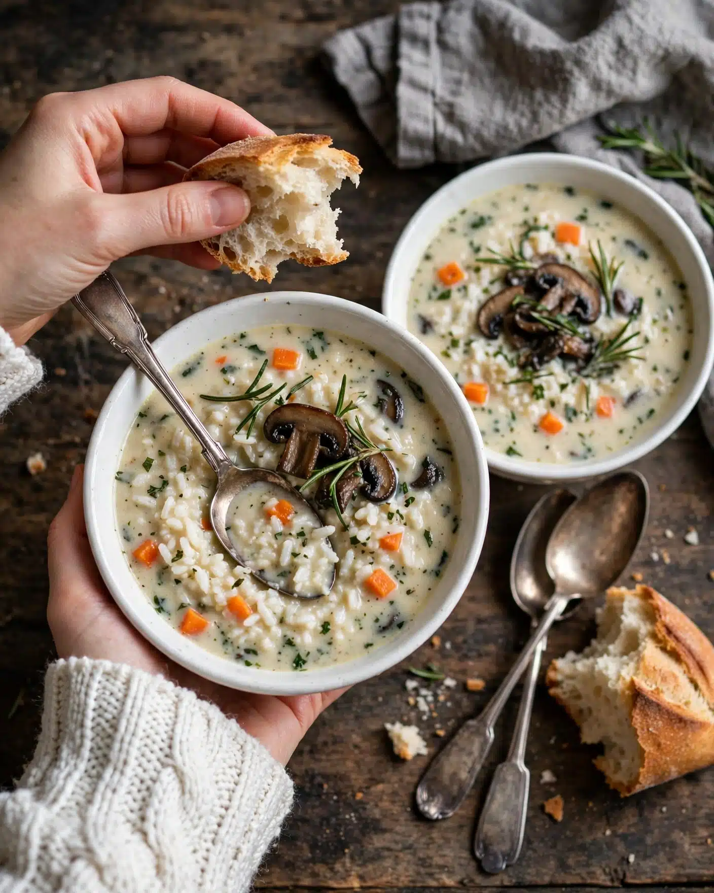 A white bowl filled with a creamy soup layered with soft rice, diced orange carrots, and green herbs, topped with dark brown cooked mushrooms and sprigs of fresh green rosemary, is held by a woman’s hand wearing a white knitted sleeve. A vintage silver spoon rests inside the bowl, partially covered by the soup. A torn piece of crusty bread with a golden brown crust and airy inside is held by the same woman’s hand above the bowl. Nearby, another white bowl containing the same soup sits on a dark wooden surface, next to two old silver spoons and another piece of torn bread. A folded gray linen cloth and green rosemary sprigs lie on the top right edge of the wooden background. The setting is warm and rustic with textured details. Photo taken with an iphone --ar 4:5 --v 7