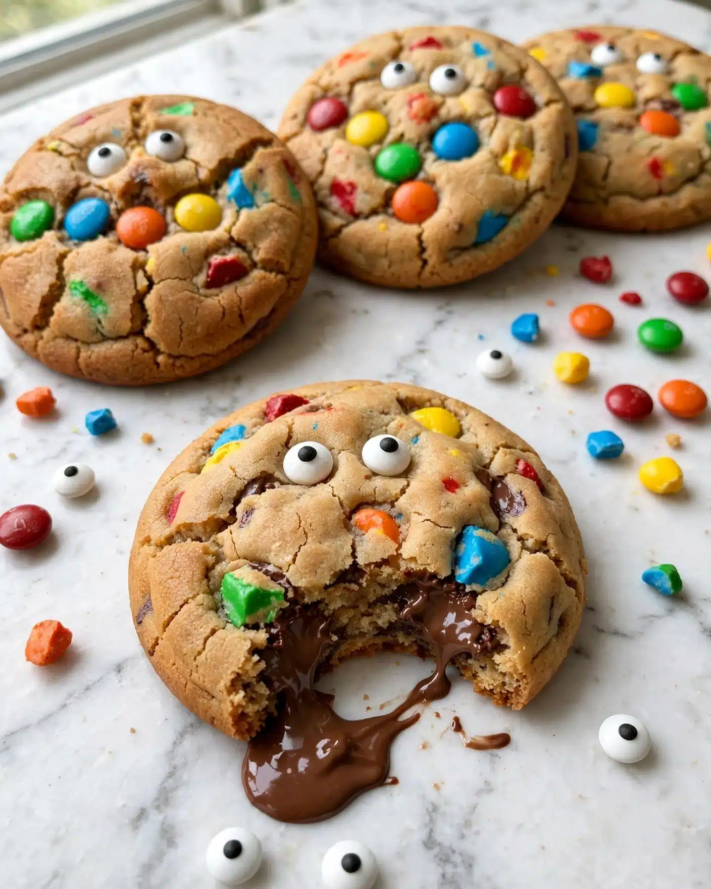 Monster Cookies Recipe 5 The image shows several round cookies with a soft, slightly cracked golden-brown texture, studded with colorful candy pieces on top and inside. Each cookie has bright green, blue, orange, yellow, and red candies embedded on the surface, along with small white candy eyes that have black dots in the center. One cookie in the front has a bite taken out, revealing a light brown, soft interior with melted dark brown chocolate chunks oozing onto the white marbled surface. Scattered around the cookies are more colorful candy pieces and candy eyes, enhancing the playful, fun look. photo taken with an iphone --ar 4:5 --v 7
