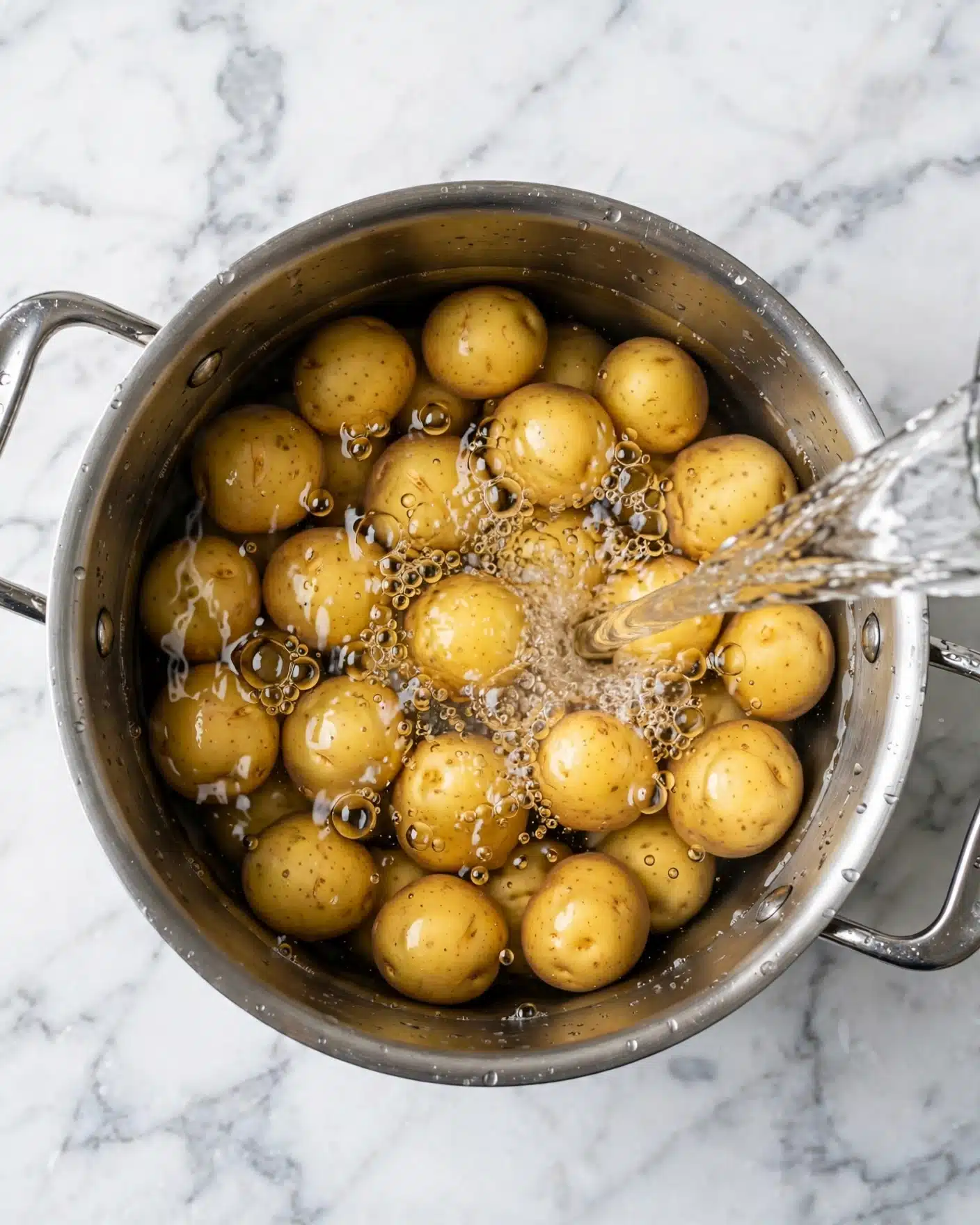 Grilled Baby Potatoes with Dijon Mustard and Thyme Recipe 4 A metal pot filled with small yellow potatoes is shown from above. The potatoes are submerged in water, with bubbles rising as more water is poured in from a white stream on the right side. The pot has two metal handles on each side, and the background is a white marbled texture. The water looks clear and is agitated where it hits the potatoes. Photo taken with an iphone --ar 4:5 --v 7
