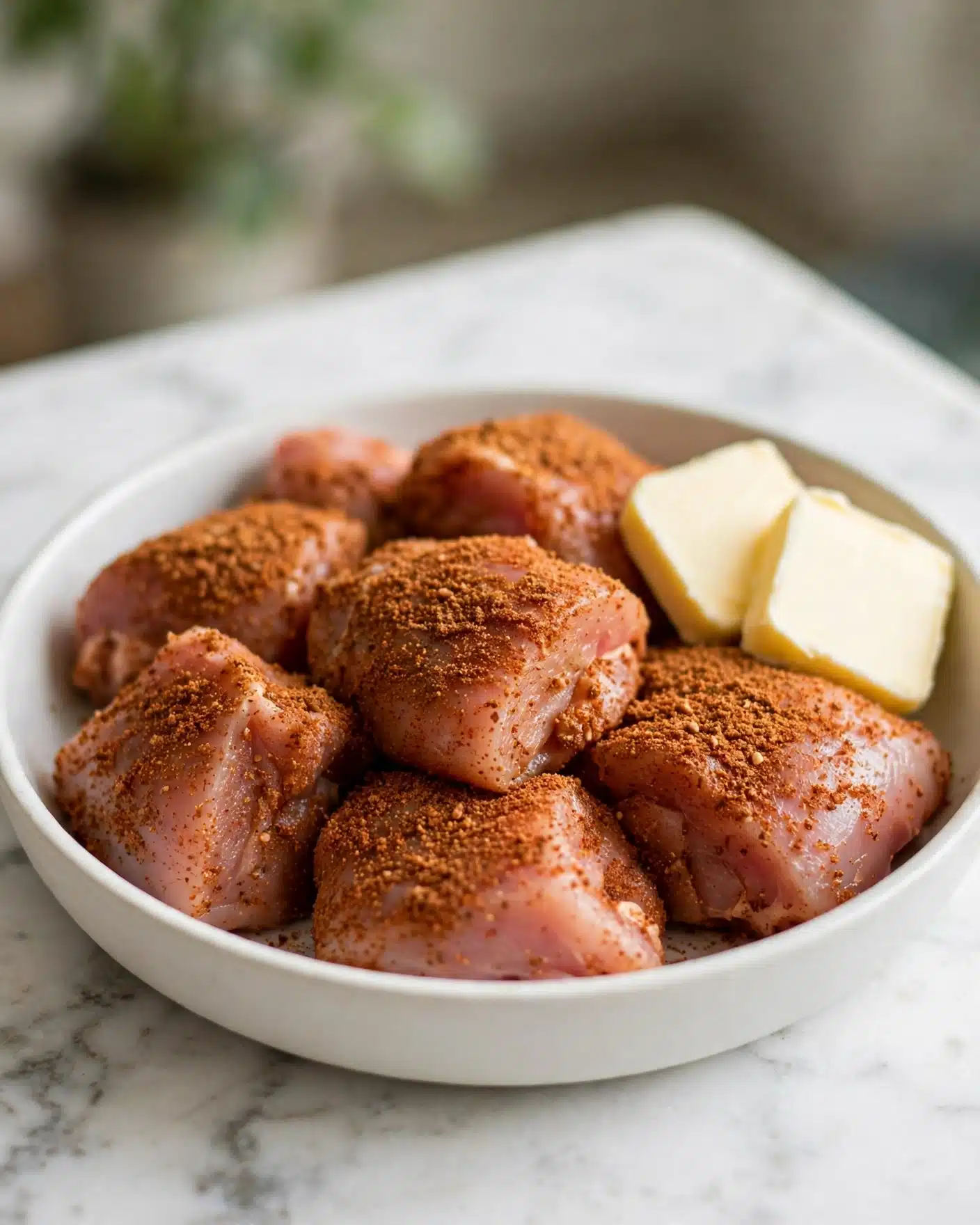 A round, shallow white bowl holds several pieces of light pink raw chicken, each coated evenly with a reddish-brown spice blend, giving a textured and slightly powdery look. To the right side of the chicken pieces, there are two thick, smooth, pale yellow pats of butter resting on the chicken. The bowl sits on a white marbled surface, with a small plant with green leaves blurred in the background. The lighting highlights the soft texture of the chicken and the rich color of the spices, creating a warm and inviting scene. photo taken with an iphone --ar 4:5 --v 7