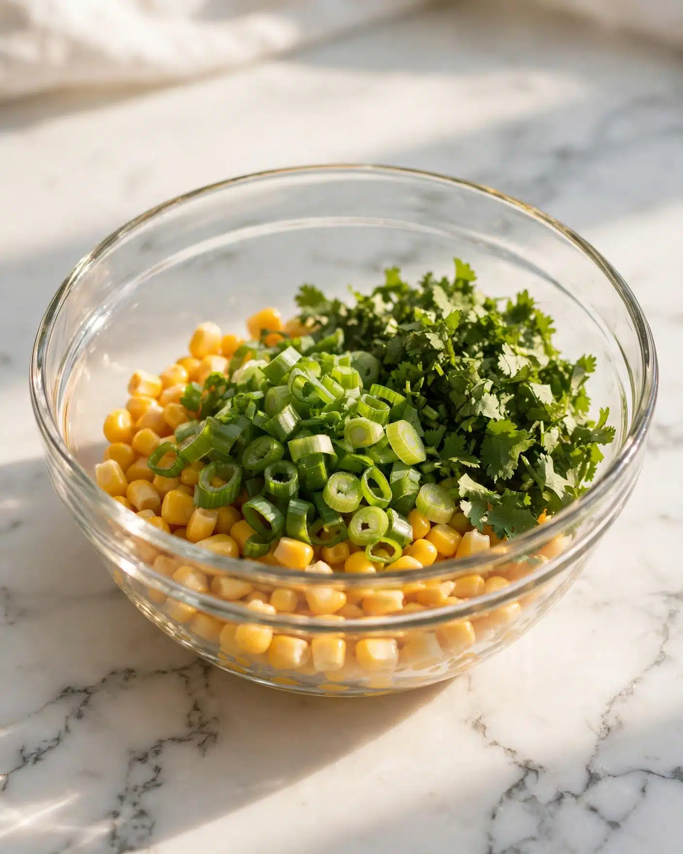 Buffalo Chicken Corn Dip Recipe 4 A clear glass bowl sits on a white marbled surface, filled with a mix of bright yellow corn pieces forming the bottom layer. On top of that, there are fresh green herbs, including a large pile of finely chopped cilantro on the right side and a mound of thinly sliced green onions in the center, both showing vibrant green colors and fresh textures. The bowl catches warm light, casting soft shadows and highlighting the fresh ingredients with a natural shine. photo taken with an iphone --ar 4:5 --v 7