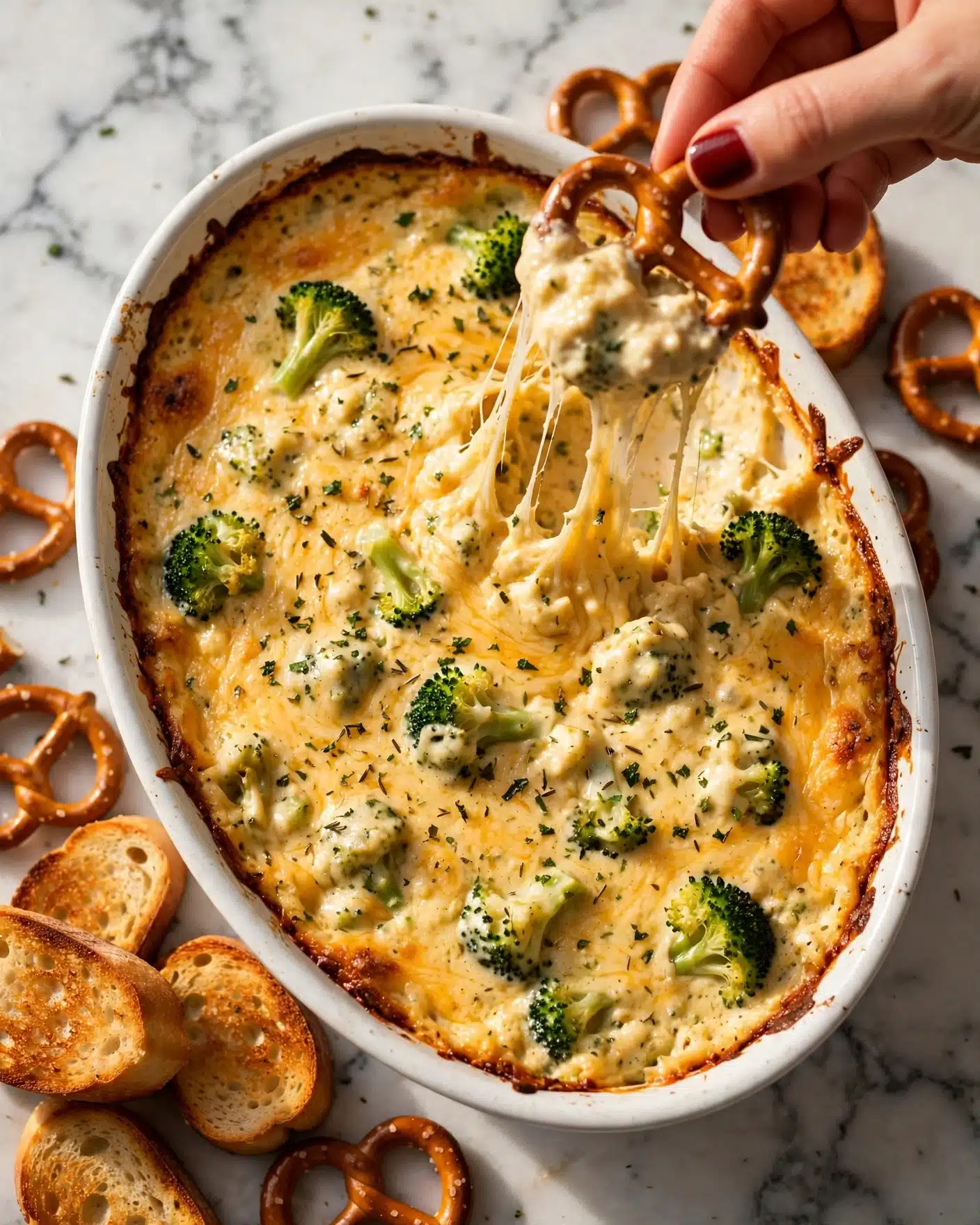 Broccoli Cheddar Dip Recipe 5 A white oval casserole dish filled with a creamy, golden baked cheese dip featuring melted, stretchy cheese with green herb-like spots on top; the dip has a slightly browned crust around the edges and a rich, textured surface. A woman's hand with dark red nail polish is holding a brown pretzel piece dipping into the thick cheesy mixture, stretching the cheese in strings. In the background, toasted slices of bread and extra pretzels are visible, all set on a white marbled surface. photo taken with an iphone --ar 4:5 --v 7