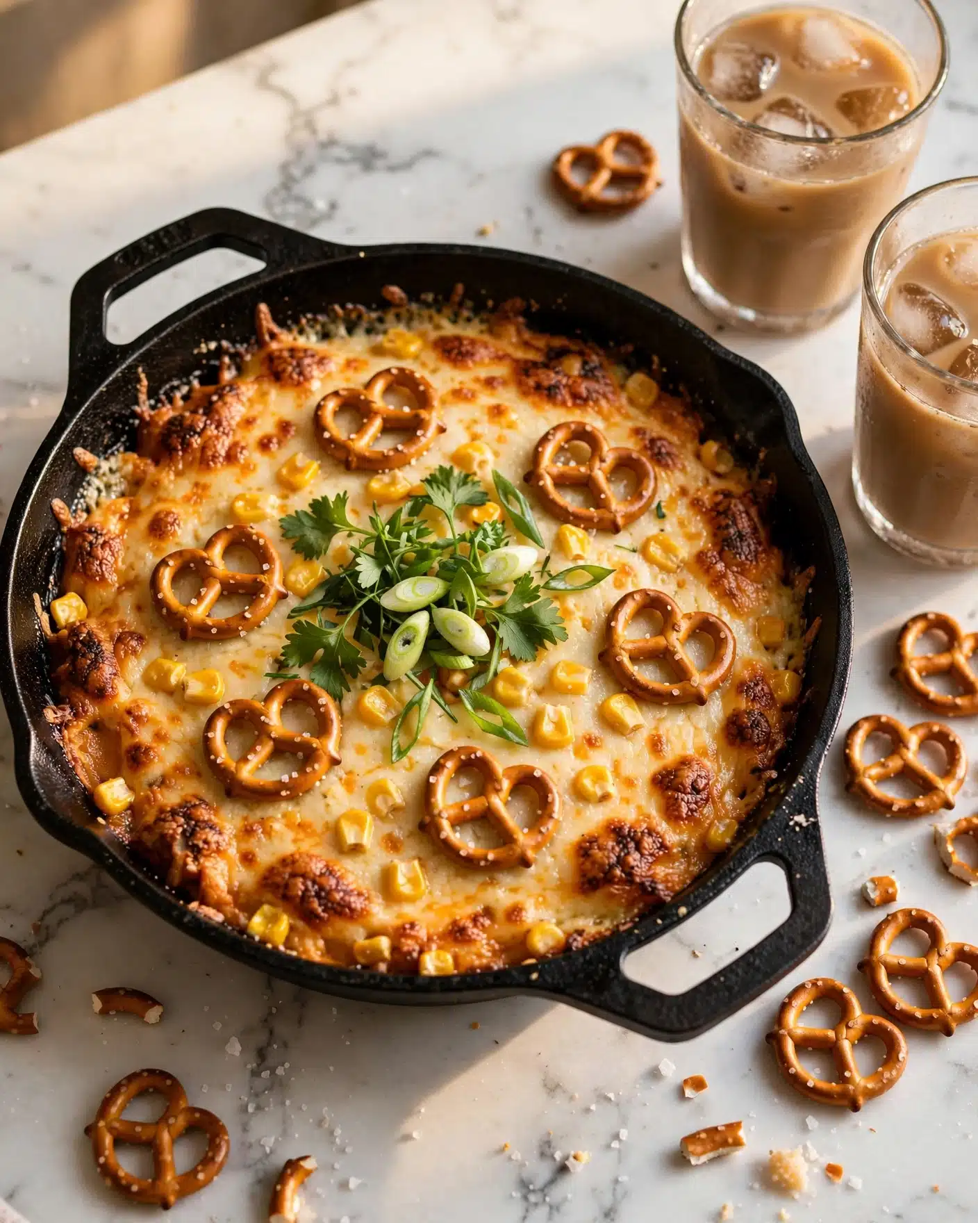 Buffalo Chicken Corn Dip Recipe 5 In a black cast iron pan, there is a cheesy baked dish with a golden brown top layer that looks bubbly and slightly crispy on the edges. Scattered on the melted cheese are pieces of yellow corn and whole salted pretzels. The middle is decorated with fresh green herbs and scallions which add a fresh, leafy texture on top. Around the pan on a white marbled surface, there are more pretzels and glasses with a light brown liquid, casting soft shadows. The whole scene is warmly lit, showing textures of the melted cheese and crispy pretzels clearly photo taken with an iphone --ar 4:5 --v 7