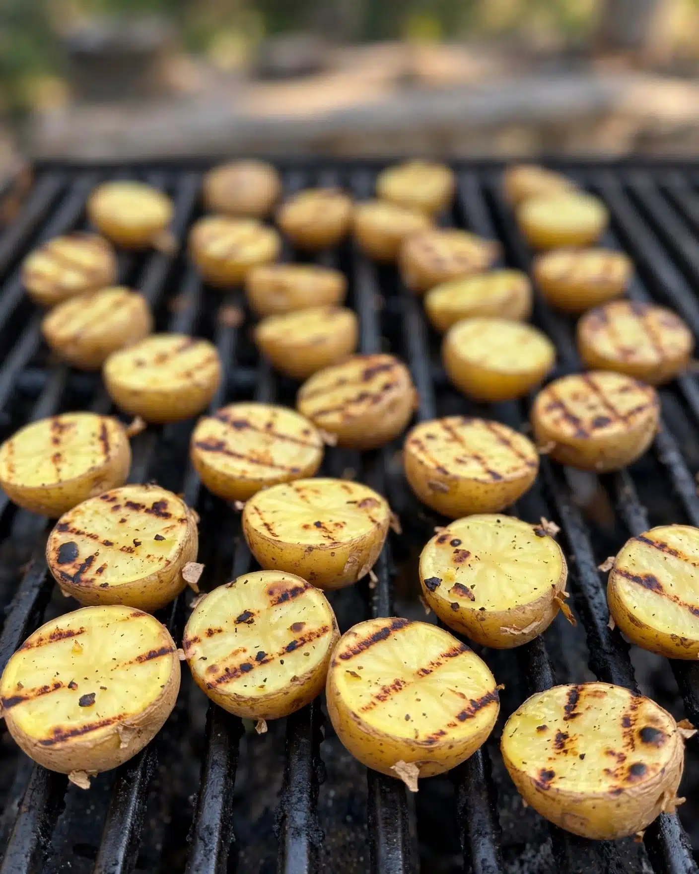 Grilled Baby Potatoes with Dijon Mustard and Thyme Recipe 5 The image shows many small round potato pieces on a grill. Each potato piece is cut in half with a yellow inside and a light brown skin. The pieces have dark brown grill marks that create lines and spots on their flat surfaces. The grill bars are black and run vertically under the potatoes. The potatoes are spread out evenly across the grill, with some pieces closer to the front in sharp focus and others further back slightly blurred. The overall look is warm and rustic with a clear view of the texture on the potatoes. Photo taken with an iphone --ar 4:5 --v 7