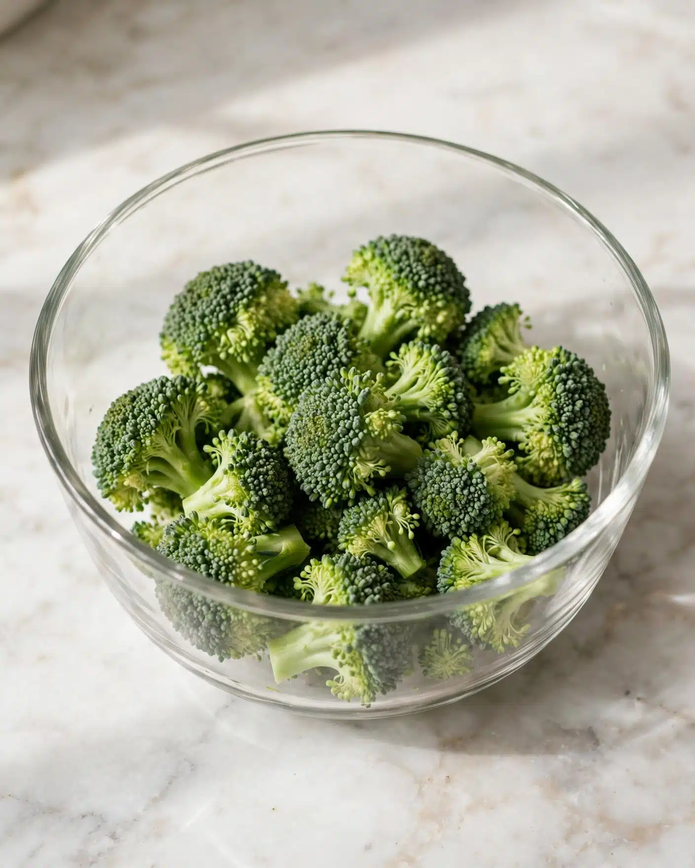 Broccoli Cheddar Dip Recipe 4 The image shows a clear glass bowl filled with fresh, bright green broccoli florets that have a slightly rough texture. The broccoli pieces are cut into small, uneven clusters with tiny buds on top, and they fill the bowl about halfway. The bowl sits on a white marbled surface with soft, natural light creating gentle shadows and highlights on the broccoli and bowl edges. Photo taken with an iphone --ar 4:5 --v 7