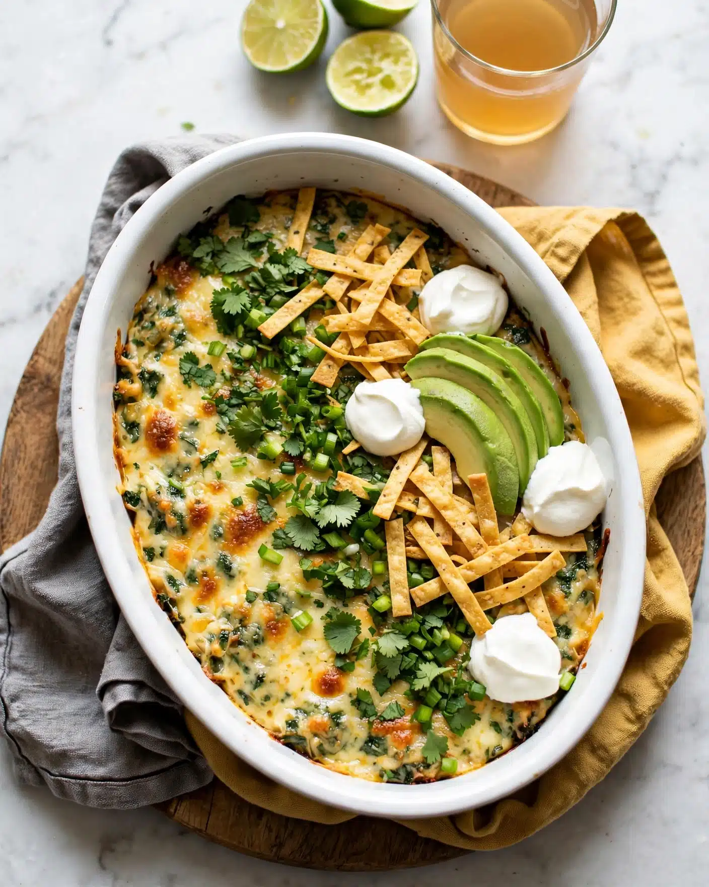 A two-layer dish in a white oval pan placed on a wooden board, starting with a melted golden cheese layer mixed with some green herbs at the bottom, topped with fresh green chopped cilantro and scallions. On top, there are thin, crunchy golden tortilla strips scattered across, along with smooth avocado slices on one side. White sour cream dollops are visible near the tortillas and avocado. The setting includes a glass of light amber liquid and halved green limes in the background on a white marbled surface, with a folded gray and yellow cloth under the pan. Photo taken with an iphone --ar 4:5 --v 7