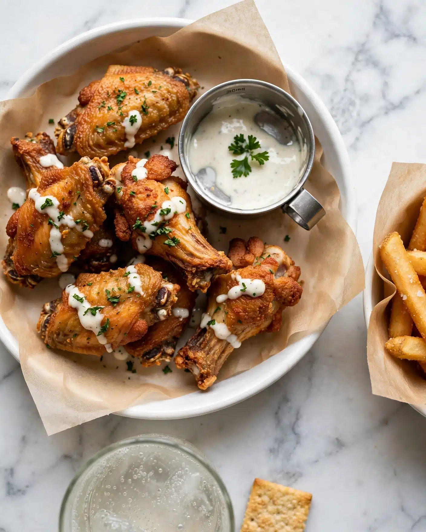 A white round dish lined with light brown parchment paper holds several pieces of crispy, golden-brown chicken wings covered with a light drizzle of creamy white sauce and sprinkled with finely chopped green herbs. A small metal measuring cup with more white sauce and parsley sits on the upper right side inside the dish. On the right edge, there is a glimpse of a white bowl filled with thick, golden crispy fries also on parchment paper. The background is a white marbled texture with part of a clear glass of light bubbly drink and a small rectangular cracker visible near the bottom. photo taken with an iphone --ar 4:5 --v 7