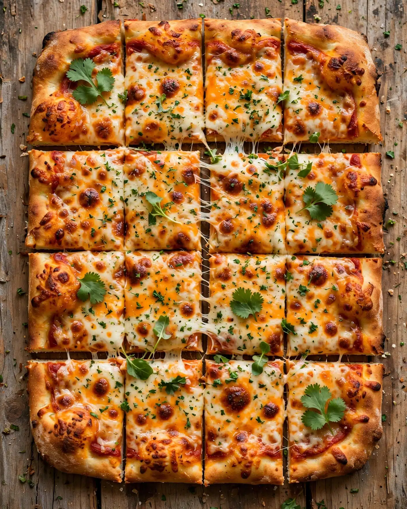Sheet Pan Buffalo Chicken Pizza Recipe 5 The image shows a rectangular pizza sliced into 12 pieces, laid on a wooden surface. The pizza has a crispy, golden-brown crust. The first layer is a thin base of sauce, topped with a thick layer of melted white and orange cheese that is bubbly and slightly browned in spots. Sprinkled evenly on top are green herbs and small leafy greens, some fresh cilantro leaves placed on several slices. The cheese stretches slightly between the pieces, creating thin cheese strings. The overall colors are warm yellows, whites, and fresh green, with a rustic and tempting look. photo taken with an iphone --ar 4:5 --v 7