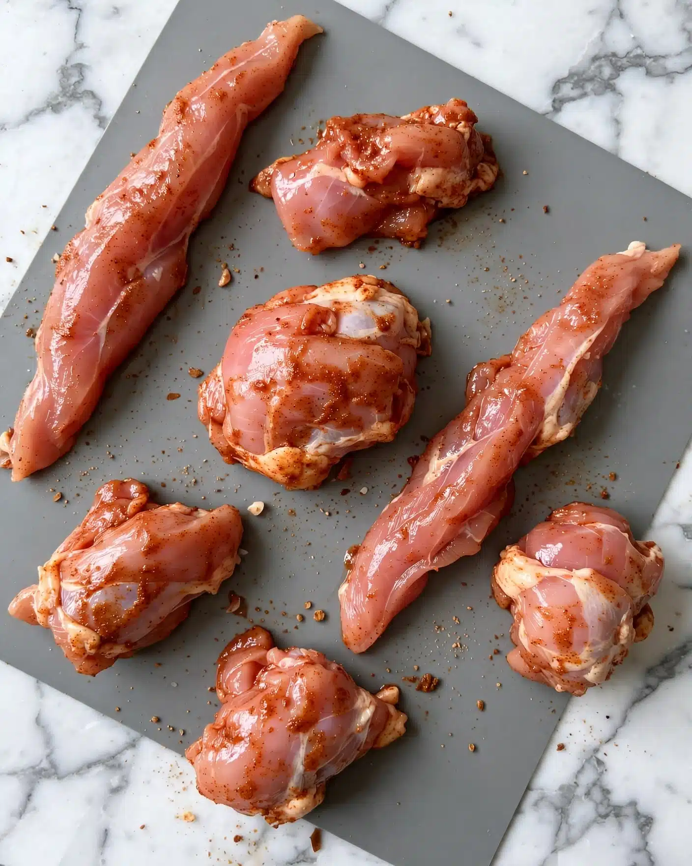 Pieces of raw chicken are spread out on a gray surface. The chicken is light pink with some white parts and is covered in a reddish-brown spice powder. The pieces vary in size and shape, some long and thin, others more round and thick. The surface is smooth and the chicken looks fresh and moist. The background is a white marbled texture. photo taken with an iphone --ar 4:5 --v 7