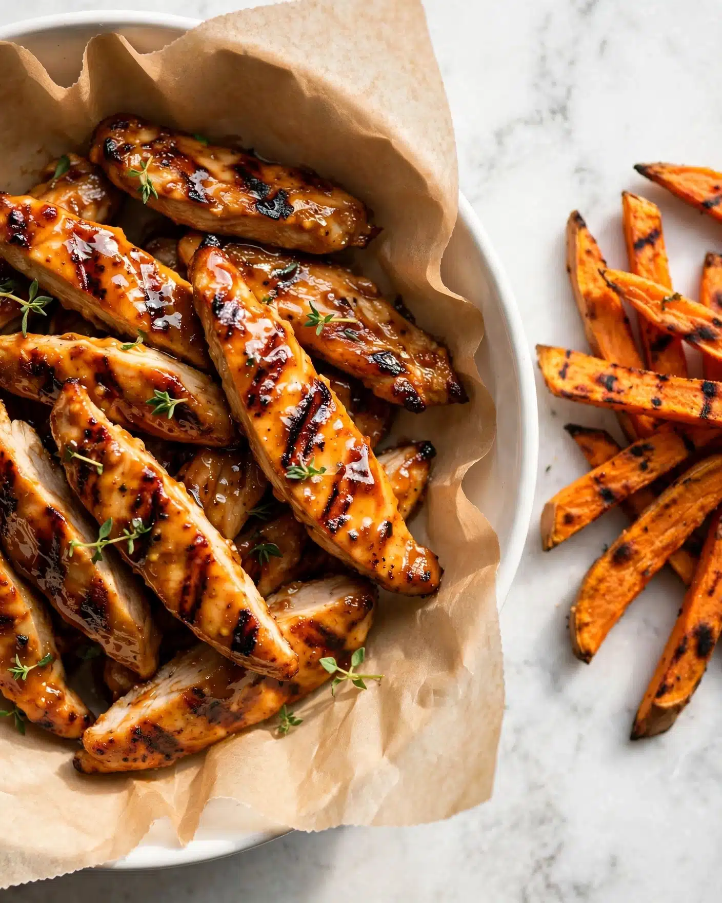 The image shows a white bowl lined with light brown parchment paper, filled with golden-brown grilled chicken strips that have dark grill marks and a shiny, glazed texture. Small green herb sprigs are scattered on top, adding color contrast. To the right side, on a white marbled surface, there is a portion of grilled orange sweet potato fries with visible char marks. The photo has warm lighting that highlights the glossy surface of the grilled chicken. photo taken with an iphone --ar 4:5 --v 7