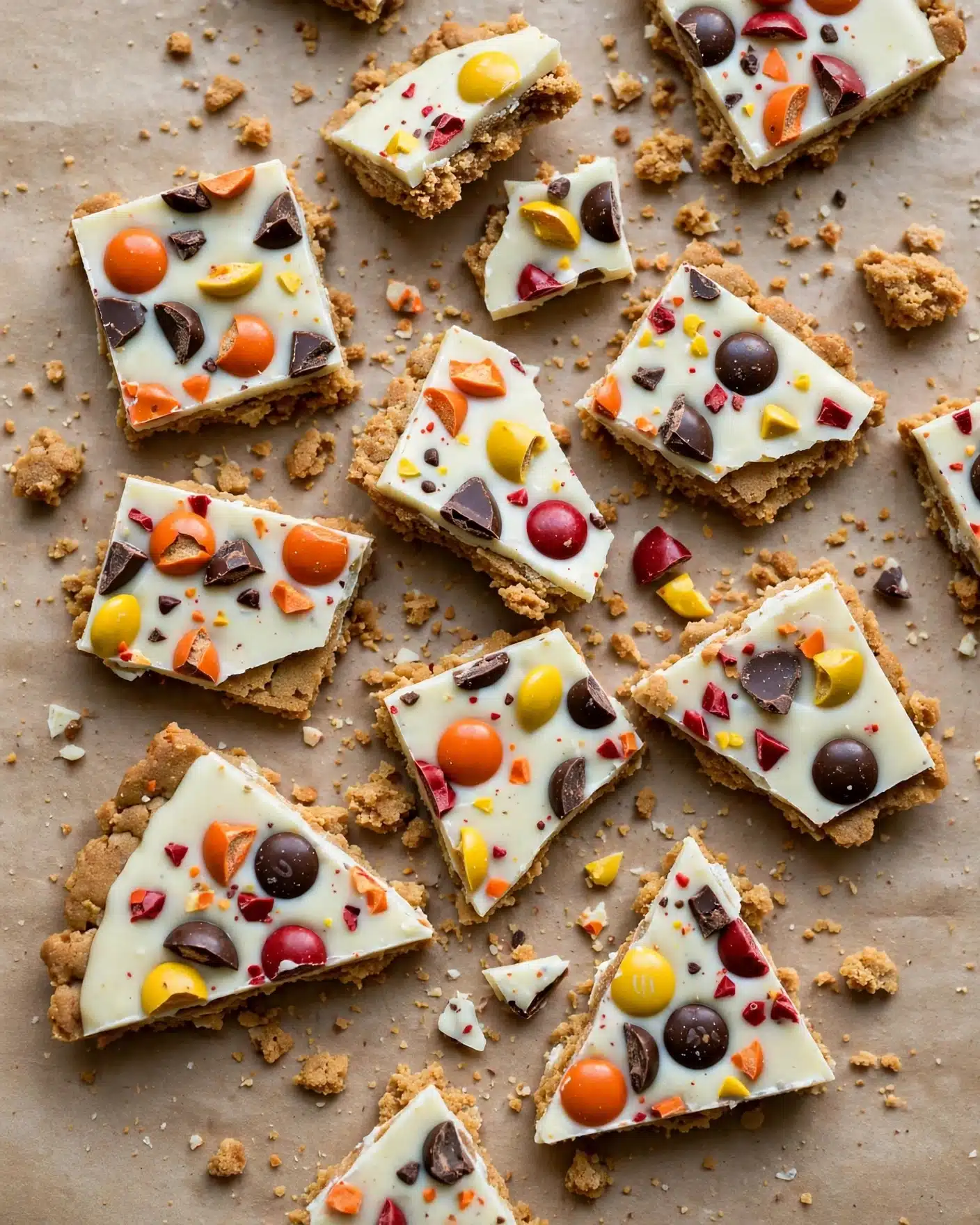 The image shows a stack of four white chocolate bars on a white marbled surface, each bar having three clear layers: a smooth white base, a thick caramel-colored middle, and a white top layer. The top of each bar is decorated with small pieces of bright red and yellow candies, as well as dark brown chunks, adding colorful texture. The bars look creamy and slightly crumbly around the edges, and the stack sits on a piece of brown parchment paper over a rustic wooden board. Photo taken with an iphone --ar 4:5 --v 7