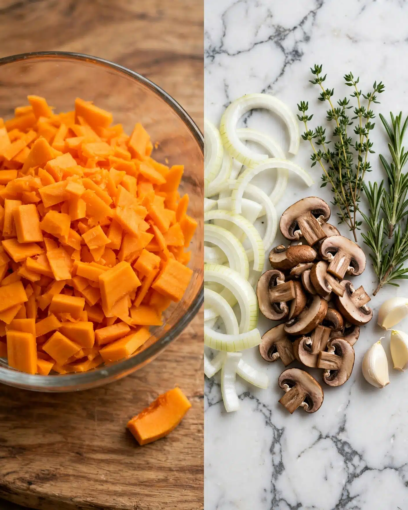 The image shows two parts side by side. On the left is a clear glass bowl filled with bright orange pumpkin pieces that are sliced into small, thin chunks, sitting on a wooden surface with a small pumpkin piece outside the bowl. On the right side, there is a white marbled surface with light-colored sliced onions in curved shapes placed on the left, a pile of brown sliced mushrooms in the middle, and fresh green thyme and rosemary sprigs along with three peeled garlic cloves arranged on the right side. Photo taken with an iphone --ar 4:5 --v 7