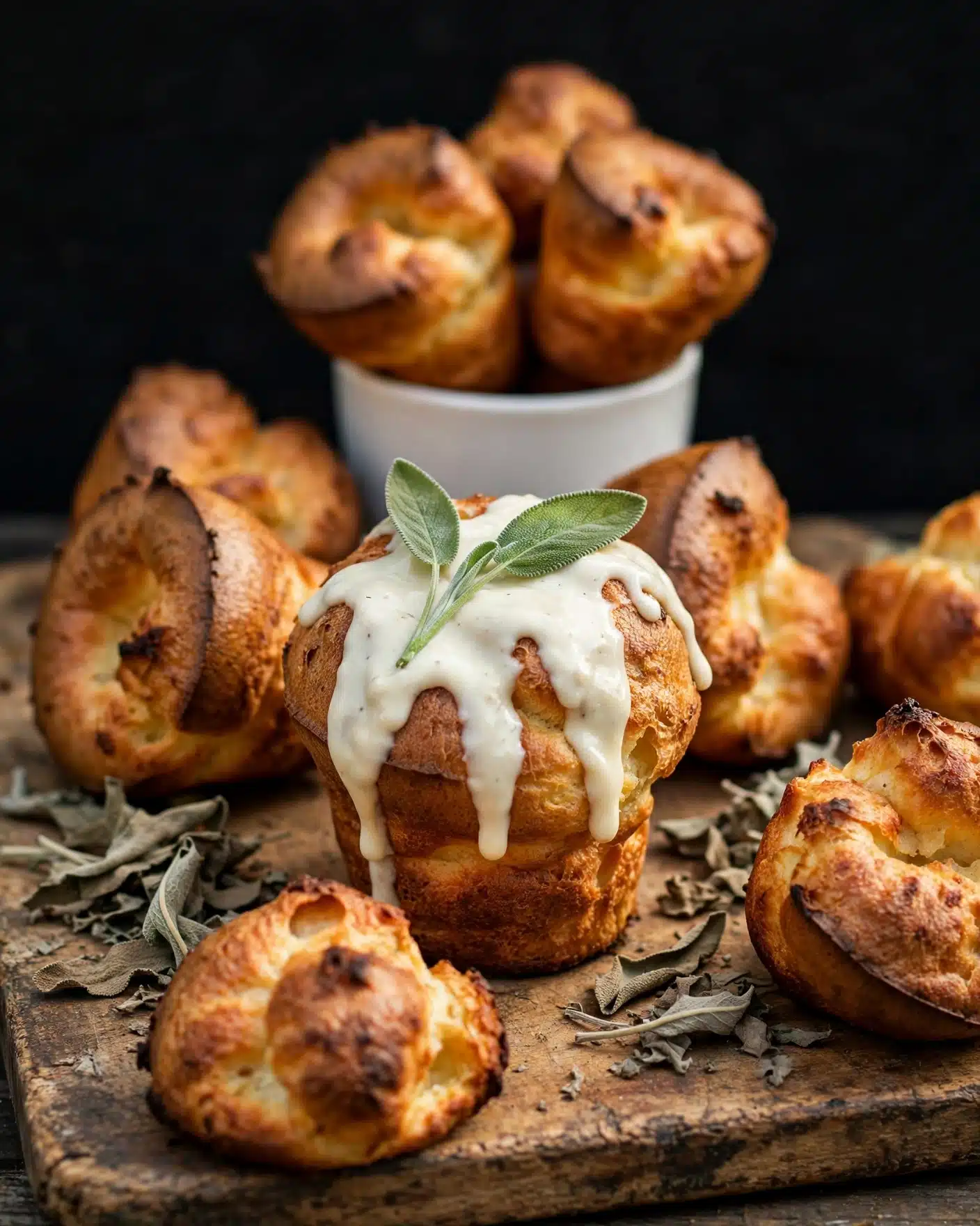 The image shows several golden-brown popovers with a rough, bubbly texture on top and a darker, crisp base. One popover in the center is topped with a creamy white sauce and two fresh sage leaves, sitting upright on a worn wooden board. Around the popovers, some dried sage leaves are scattered, adding a rustic touch. In the background, a white cup holds more popovers, complementing the wooden board's warm tones. The popovers look light, airy, and crispy with uneven edges and browned tops and sides. The scene is set against a deep black background, emphasizing the warm colors of the food and board. Photo taken with an iphone --ar 4:5 --v 7