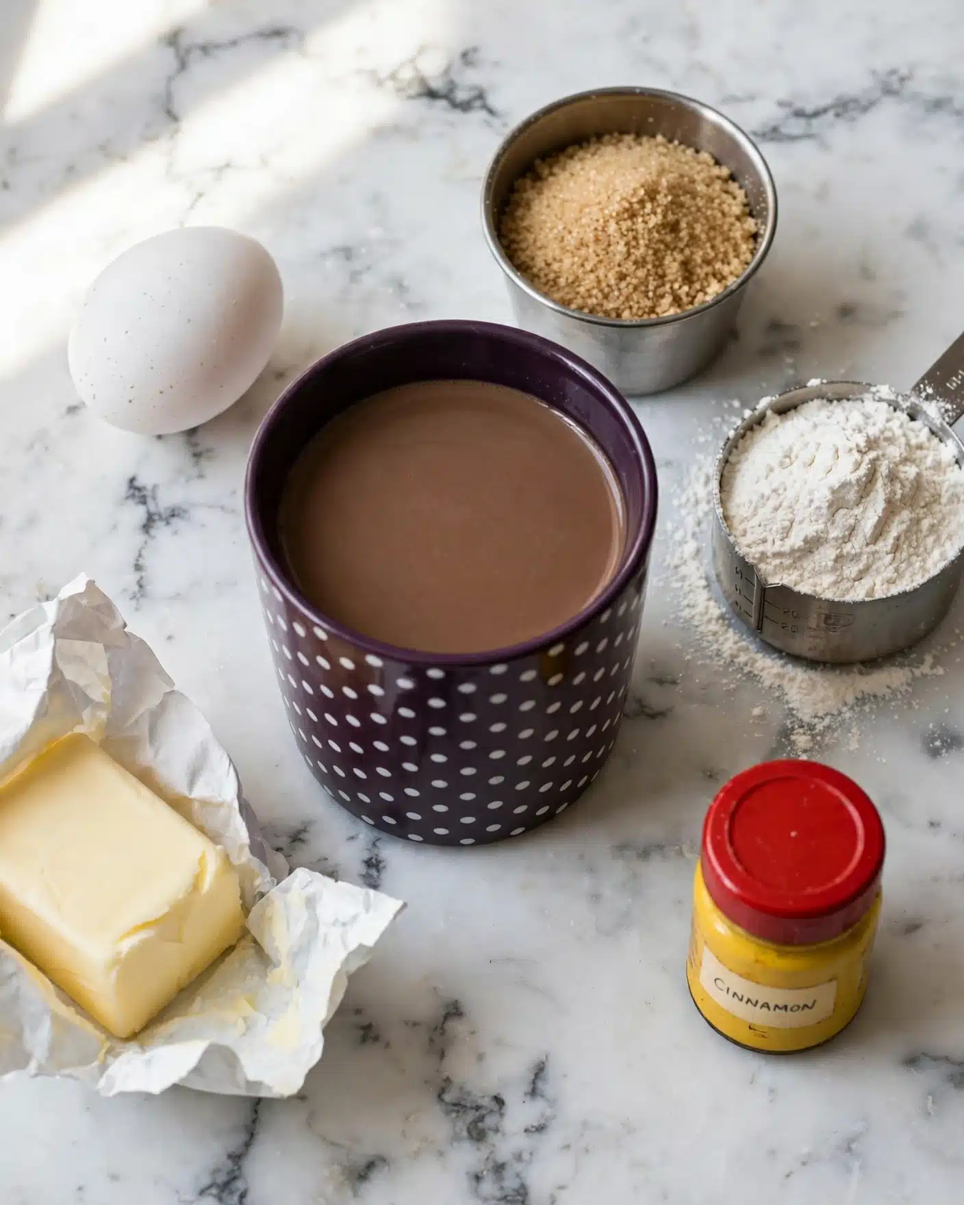 Baked Apple Cider Donuts Recipe 4 A close-up image shows a dark purple cup with white polka dots filled with a smooth, brown liquid, placed on a white marbled surface. Around the cup, there is a white egg, a small metal cup filled with light brown sugar, a small metal measuring cup filled with white flour, a small yellow spice jar with a red lid, and a partially unwrapped piece of butter in white paper. The items are casually arranged in a loose circle around the cup, with soft natural light enhancing the warm, cozy atmosphere. Photo taken with an iphone --ar 4:5 --v 7