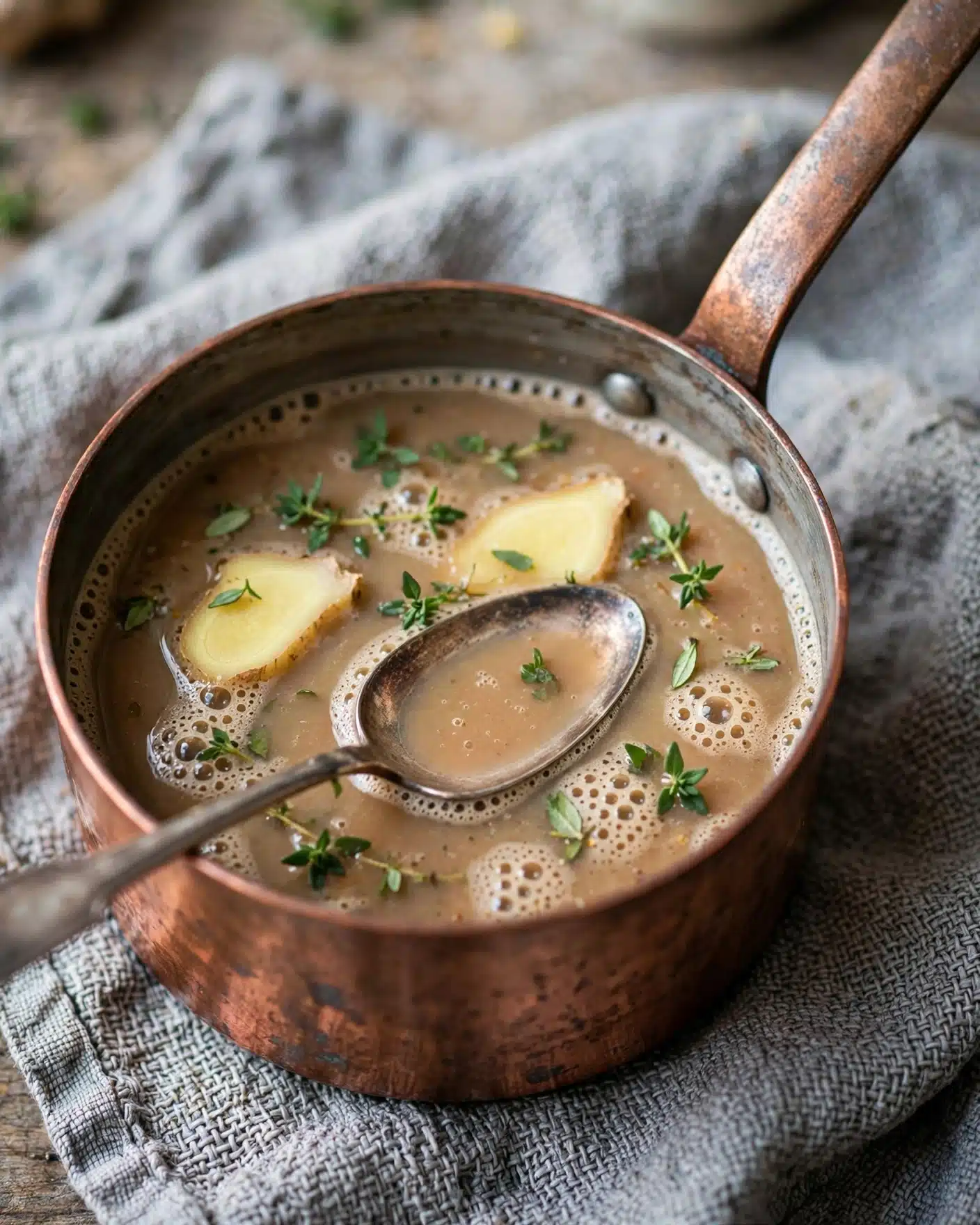A copper saucepan with a long handle holds a warm, light brown liquid with bubbles on the surface. Floating in the liquid are green herb leaves and two pieces of light yellow ginger. A tarnished silver spoon rests inside the saucepan, partially submerged, with its bowl facing up. The saucepan sits on a textured gray woven cloth, creating a cozy and rustic feel. photo taken with an iphone --ar 4:5 --v 7
