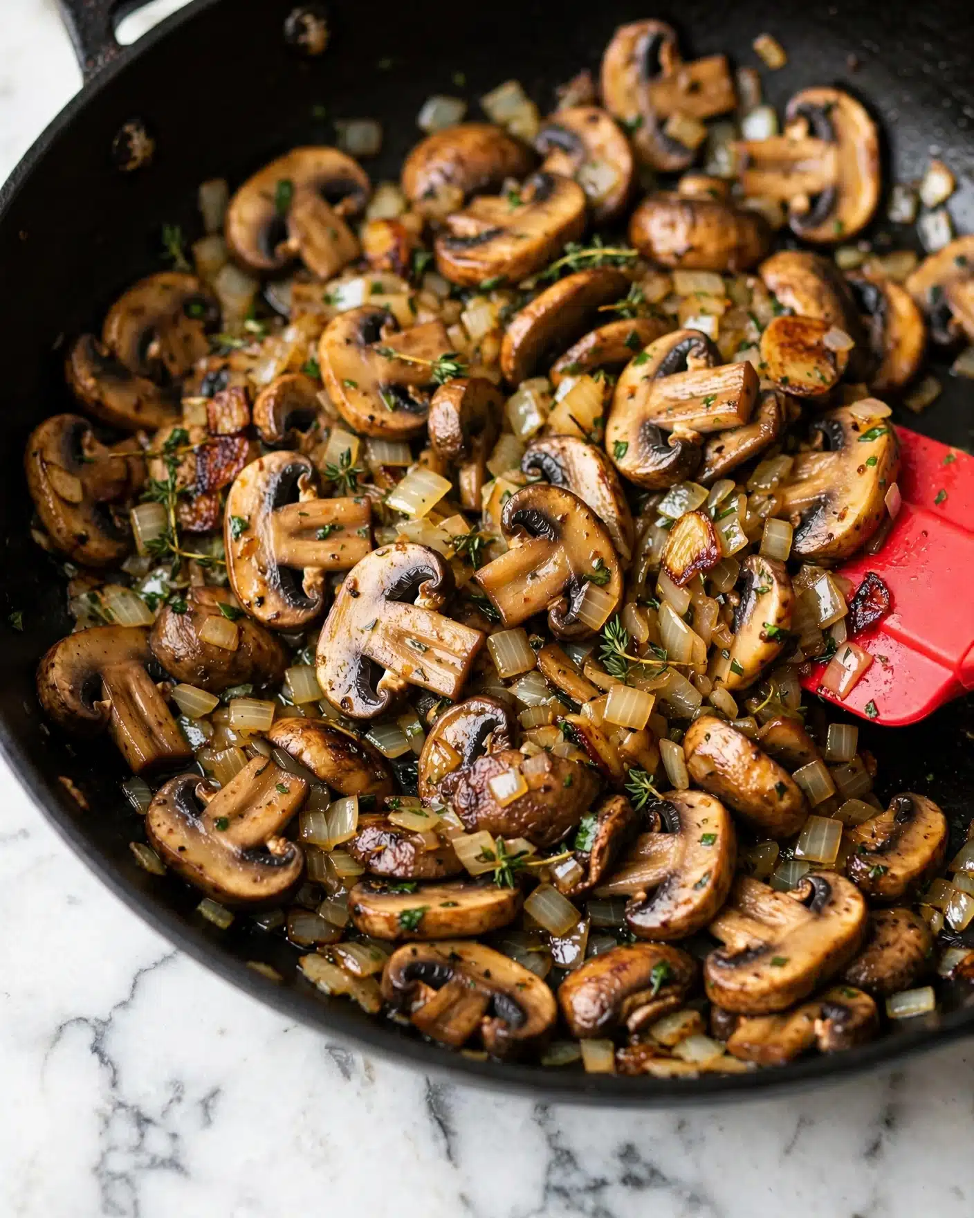 A close-up view of a black pan filled with cooked sliced mushrooms and chopped onions mixed with herbs, showing a warm brown and beige color palette with slightly caramelized edges, being stirred by a bright red spatula partially visible on the right side; the surface under the pan is a white marbled texture. photo taken with an iphone --ar 4:5 --v 7