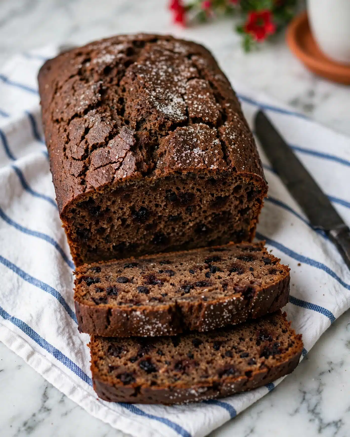 A loaf of dark brown cake with a textured, cracked top sits on a white cloth with blue stripes on a white marbled surface. The cake is sliced, showing two thick slices in front with a moist, dense inside speckled with dark spots, possibly chocolate or fruit. The top has a rough, slightly crunchy look with sugar sprinkled lightly. A dark knife rests next to the loaf, and part of a white cup with an orange saucer and some red flowers are partially visible in the background. photo taken with an iphone --ar 4:5 --v 7