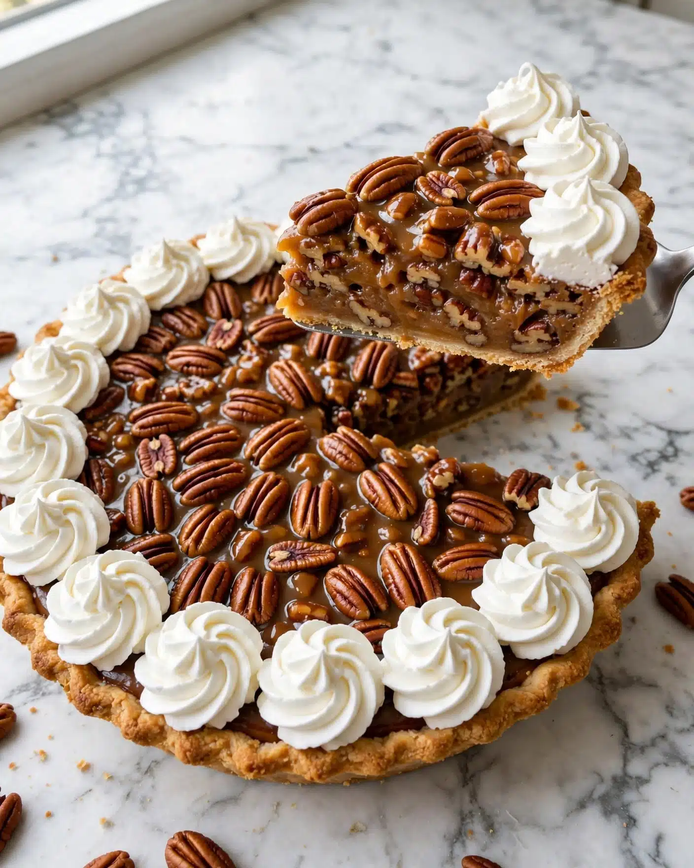 Pecan Pie Cheesecake Recipe 5 A pecan pie is shown on a white marbled surface with one slice being lifted by a utensil. The pie has a golden crust at the bottom and edges, topped with a thick, glossy layer of caramel-colored filling with many whole, shiny pecans covering the surface. Around the border of the pie are evenly spaced swirls of white whipped cream with a smooth, firm texture, giving the pie a decorative finish. The slice being lifted reveals the rich filling and pecans inside, keeping the same textures and colors. Photo taken with an iphone --ar 4:5 --v 7