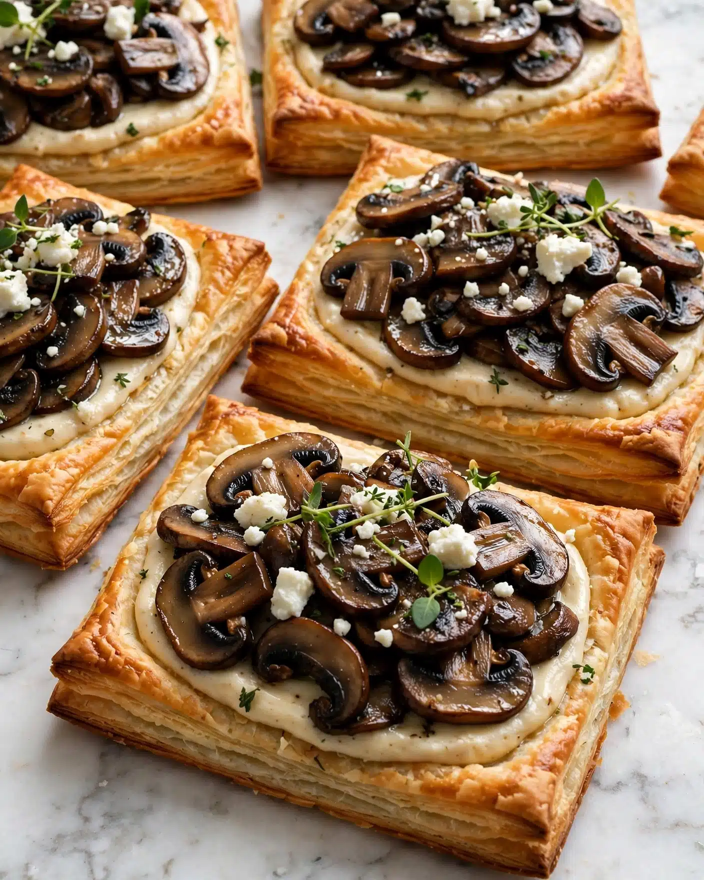 The image shows several rectangular puff pastry tarts laid out closely on a white marbled surface. Each tart has three main layers: the bottom layer is a golden-brown, crispy puff pastry with slightly raised edges; the middle layer is creamy and light beige, likely cheese spread; and the top layer is a generous amount of cooked, dark brown sliced mushrooms. Small white chunks of cheese are scattered over the mushrooms, adding texture and color contrast. Some tarts have tiny green herb sprigs for garnish. The photo is taken close up, showing the flaky texture of the pastry and the shiny, cooked mushrooms photo taken with an iphone --ar 4:5 --v 7