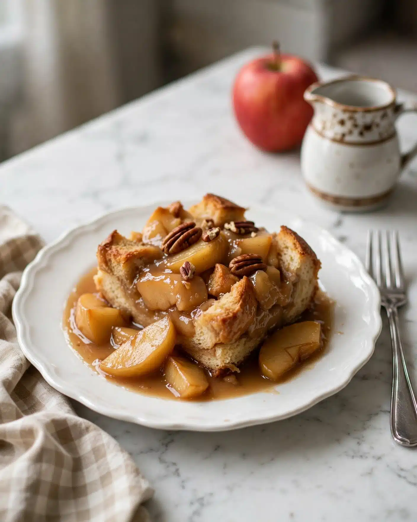 Baked Apple Cider French Toast Recipe 5 A white plate with a scalloped edge holds a rich, layered dessert made of soft, golden-brown bread pieces mixed with warm apple slices and a handful of pecans on top. The apples and bread are coated with a shiny, light brown sauce that pools slightly on the plate. A silver fork rests beside the dessert, and the plate sits on a white marbled surface with a beige checkered cloth nearby. A red apple and a small white and brown ceramic pitcher are visible in the background. Photo taken with an iphone --ar 4:5 --v 7