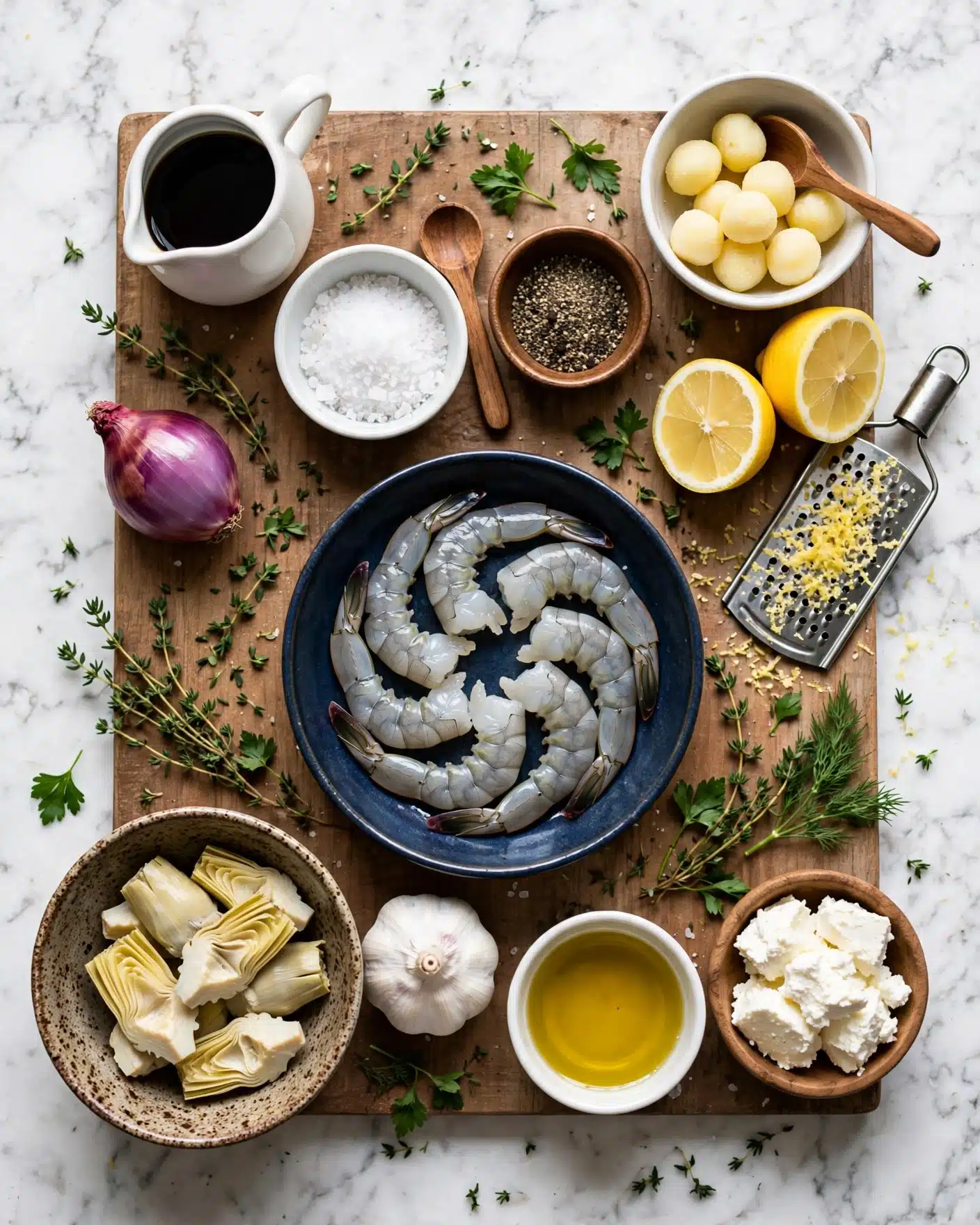 A top view of a collection of cooking ingredients arranged neatly on a brown wooden surface, featuring a white small pitcher with a dark liquid inside near the top left, a small white bowl with coarse salt and a wooden salt spoon beside it, a small brown bowl with black pepper, a purple shallot on the left side, and fresh green herbs scattered around. In the center, a dark blue bowl holds raw gray shrimp arranged in a circle. At the top right, a white bowl with small pale yellow balls and a wooden spoon rests inside it, next to halved bright yellow lemons with a metal grater covered in lemon zest beside them. At the bottom left, a speckled brown ceramic bowl filled with pale artichoke hearts sits beside a bulb of white garlic. At the bottom right, a small wooden bowl contains soft white cheese chunks, next to a small white bowl filled with golden olive oil. The whole scene is laid on a white marbled textured surface. Photo taken with an iphone --ar 4:5 --v 7