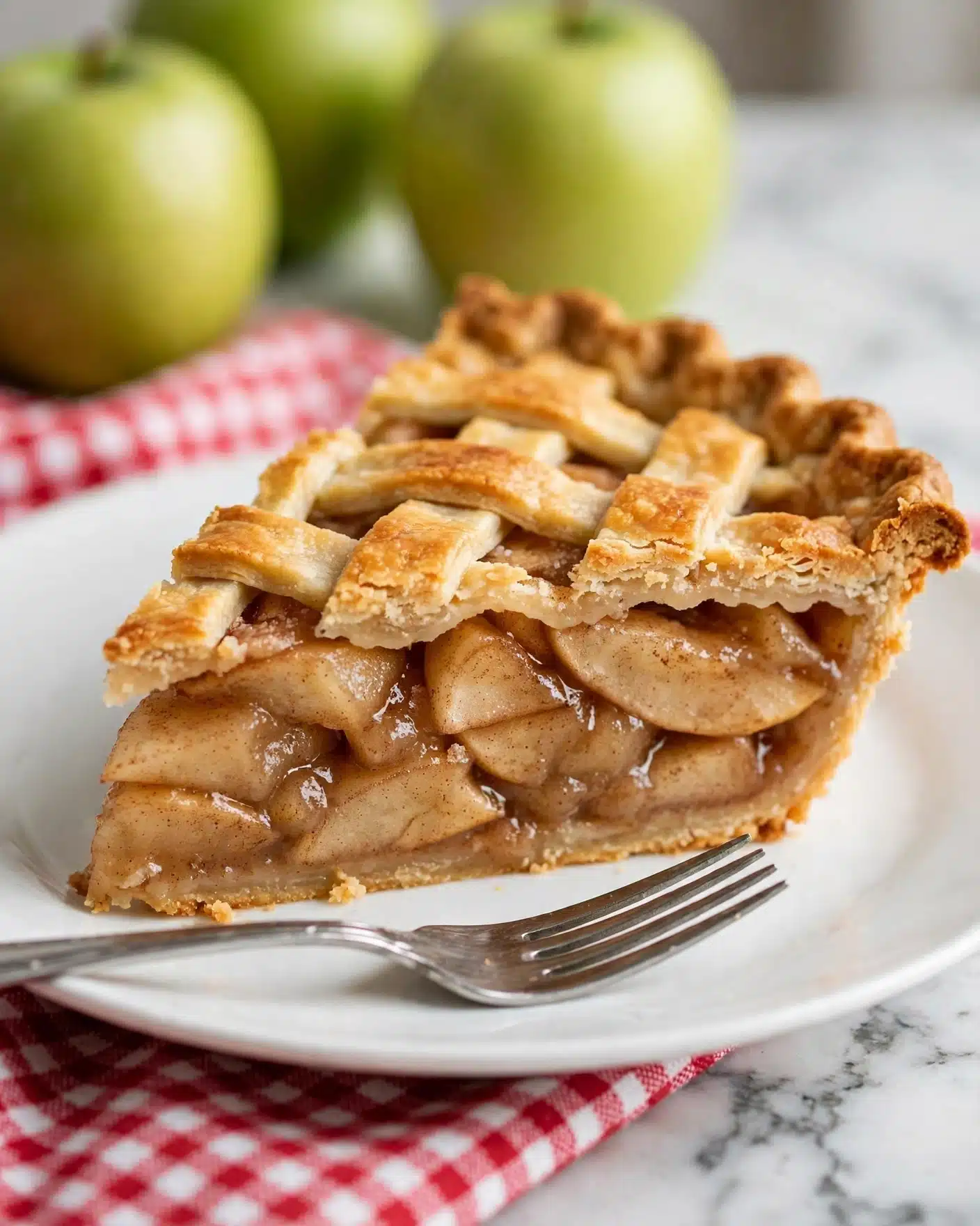 The BEST Apple Pie Recipe 5 A close-up of a slice of apple pie sitting on a white plate, showing three visible layers: the top golden brown lattice crust with its light flaky texture, the middle layer of soft apple slices mixed with cinnamon and sugar that look slightly juicy, and the bottom layer of the pie crust holding everything together. The pie edge has a crimped pattern with a golden shine. In the front, a silver fork rests on the plate, and behind are two blurred green apples. The plate is placed on a red and white checkered cloth on a white marbled surface. Photo taken with an iphone --ar 4:5 --v 7