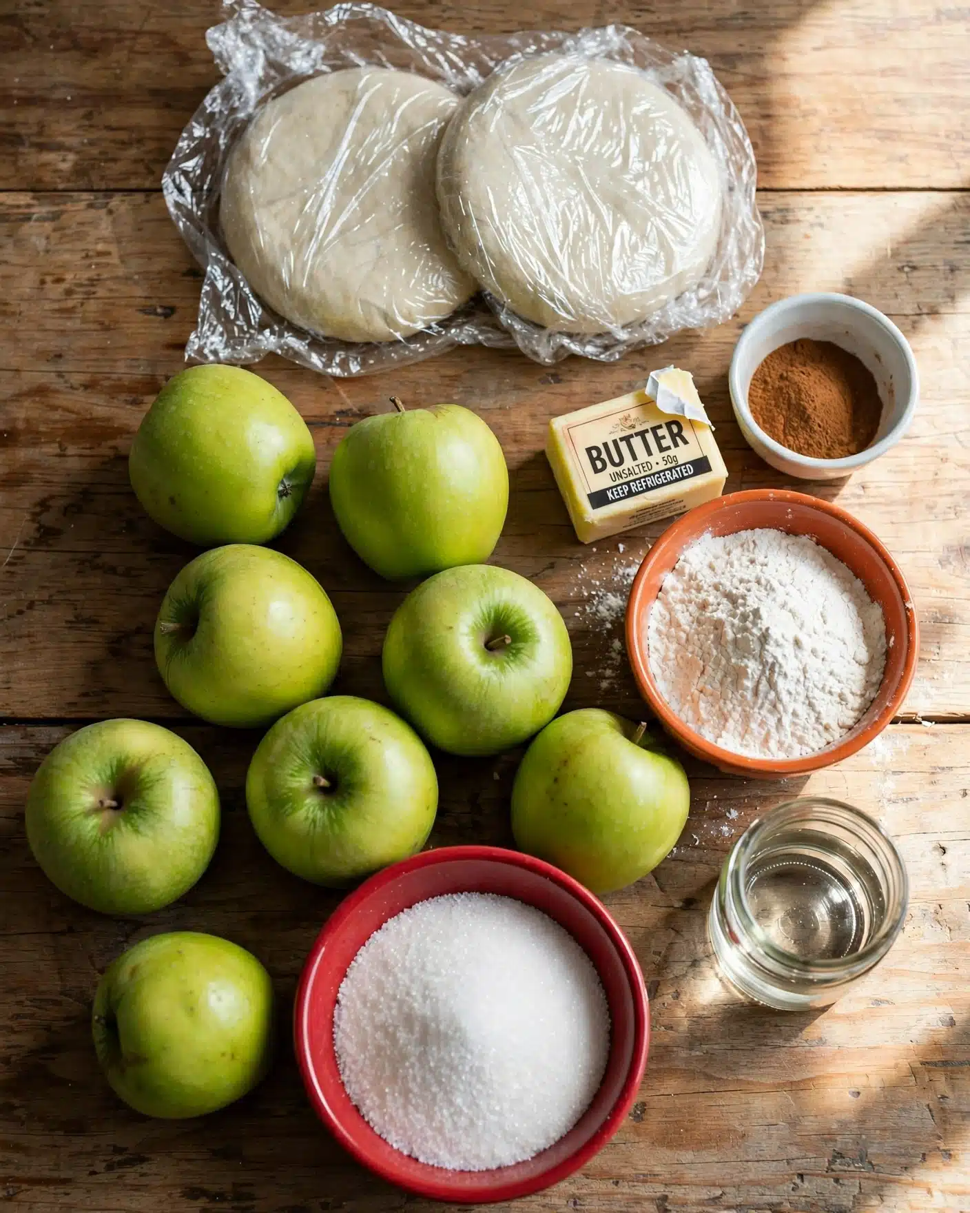 The BEST Apple Pie Recipe 4 The image shows eight green apples placed on a wooden surface with a few kitchen ingredients arranged around them. There are two round dough disks wrapped in plastic at the top center. To the right, a small white bowl with brown cinnamon powder, an orange bowl filled with flour, and a small glass jar with clear liquid are all visible. A small block of butter with a label is placed near the cinnamon bowl. A red bowl filled with white sugar is in the foreground near the apples. The scene is bright with natural light from the side. photo taken with an iphone --ar 4:5 --v 7