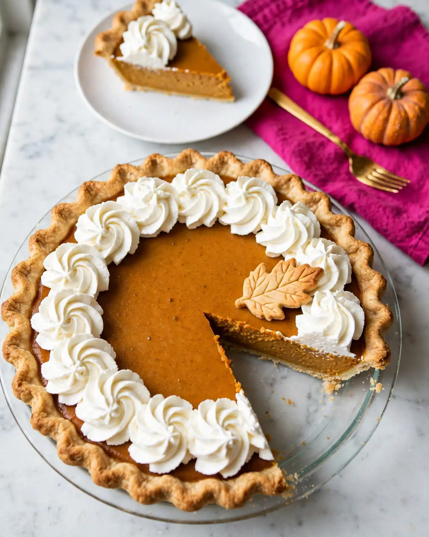 The Perfect Pumpkin Pie Recipe 5 A pumpkin pie with a golden, crimped crust is placed on a clear glass dish over a white marbled surface. The rich orange pumpkin filling takes up most of the pie, with a thick layer of white whipped cream piped in rosette shapes along the top edge. One slice is removed, showing the smooth texture of the pie’s filling and the thick crust. On top of the pumpkin filling near the slice, there is a small decorative leaf-shaped piece of crust. In the background, a white plate holds one pumpkin pie slice topped with whipped cream. Two small decorative pumpkins and a gold fork rest nearby on a bright magenta cloth. Photo taken with an iphone --ar 4:5 --v 7