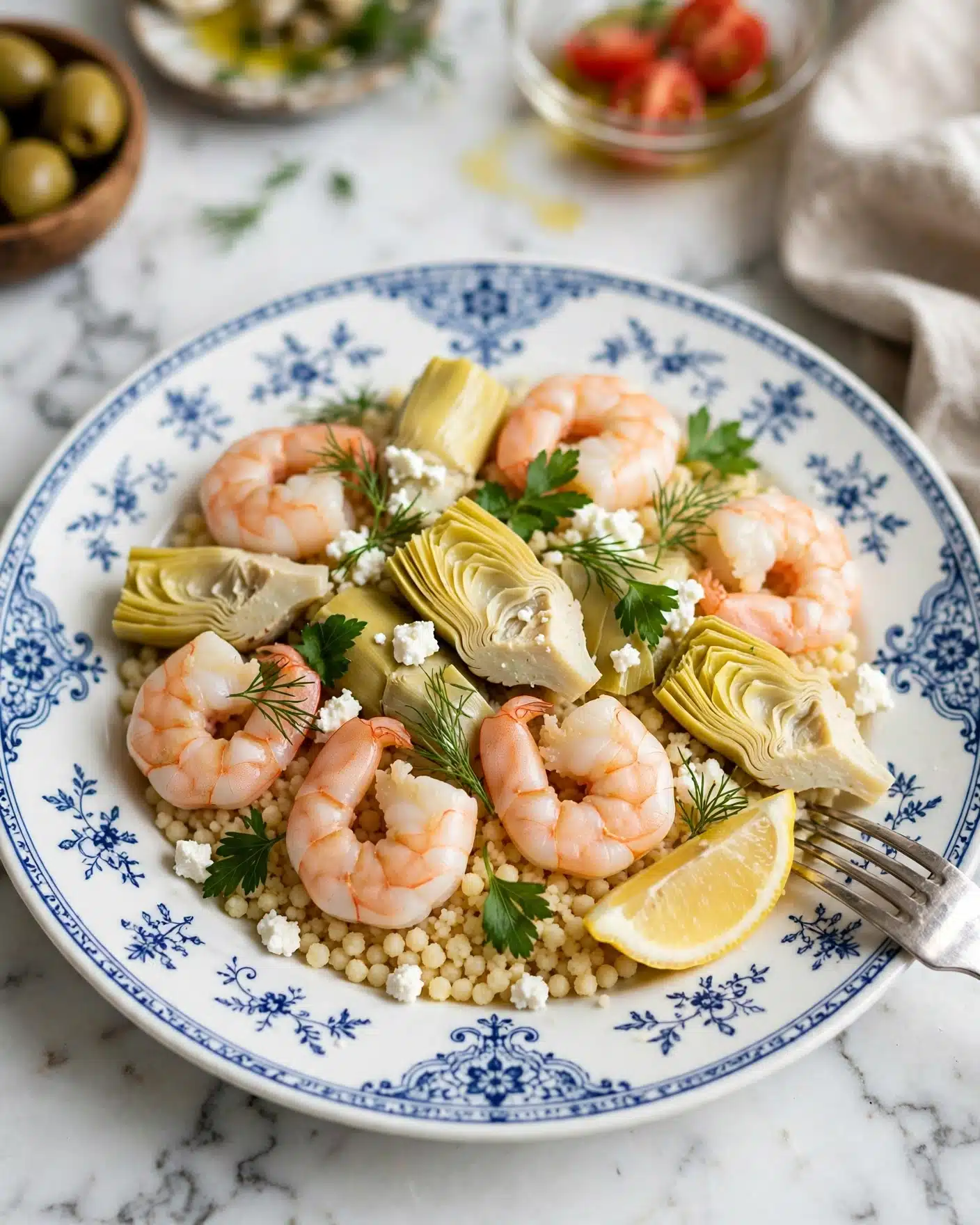 A white plate with a blue decorative pattern holds a layered dish starting with round, pale beige couscous grains as the base layer. On top are plump, light pink shrimp arranged around the plate, with artichoke hearts in pale yellow-green nestled among the shrimp. Small white crumbles of cheese are scattered richly over the top. Fresh green herbs, including dill and parsley, are spread across for a burst of color. A lemon wedge sits at the edge of the plate, partially surrounded by toppings. A silver fork rests on the side of the plate, slightly inserted into the dish. The background shows a white marbled surface with other food items loosely visible. photo taken with an iphone --ar 4:5 --v 7
