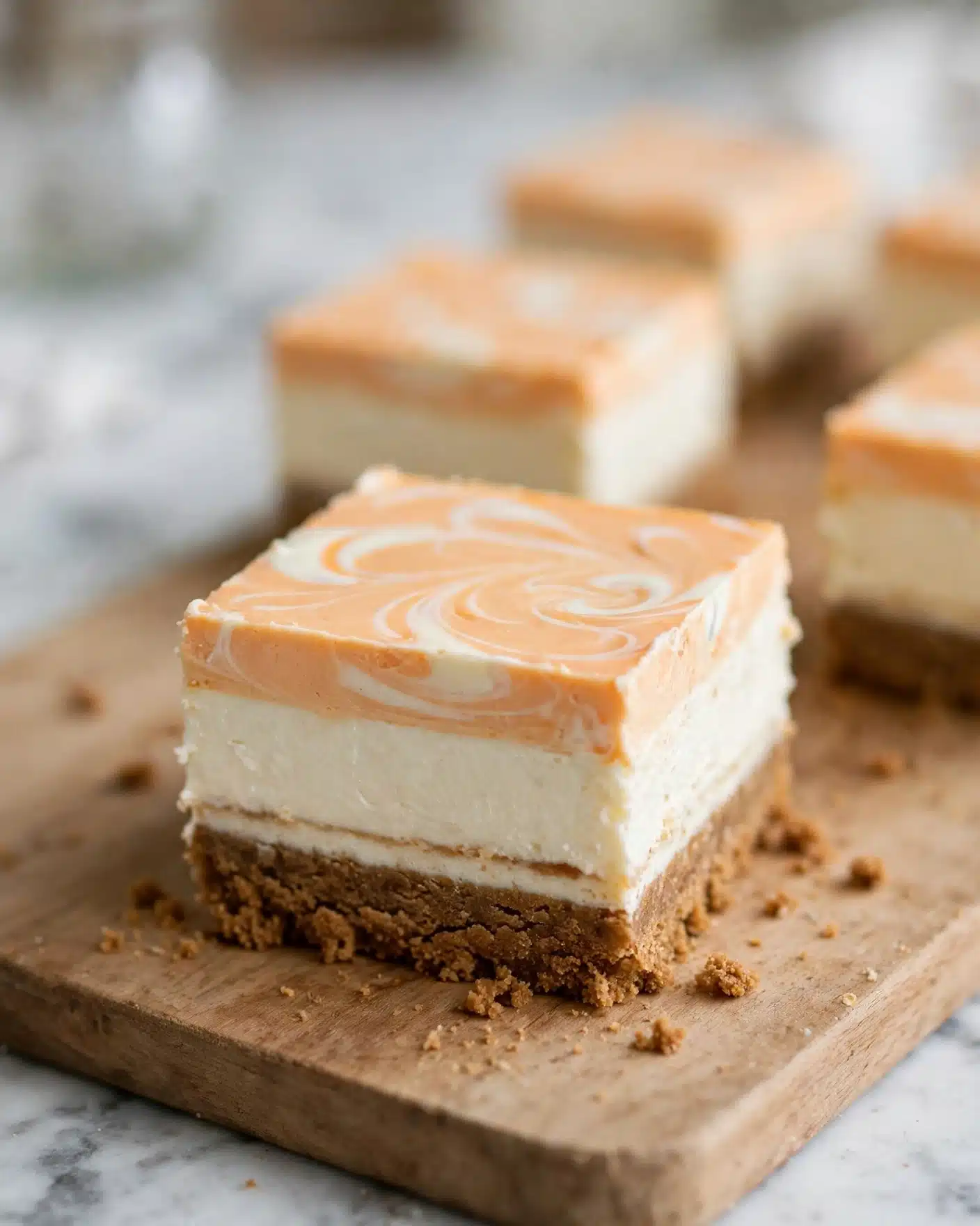 Pumpkin Cheesecake Bars Recipe 5 A square slice of layered dessert is shown on a light brown wooden board. The bottom layer is crumbly and brown, resembling a thick crust. Above this is a thick creamy white layer, topped with a thinner layer of smooth, light orange with swirled patterns of white. Another thin layer of creamy white sits just above the crust, making the dessert appear to have four layers in total. The background has more similar slices blurred out, all placed on the same wooden board against a white marbled surface. The image has soft lighting and a shallow focus that highlights the front slice photo taken with an iphone --ar 4:5 --v 7