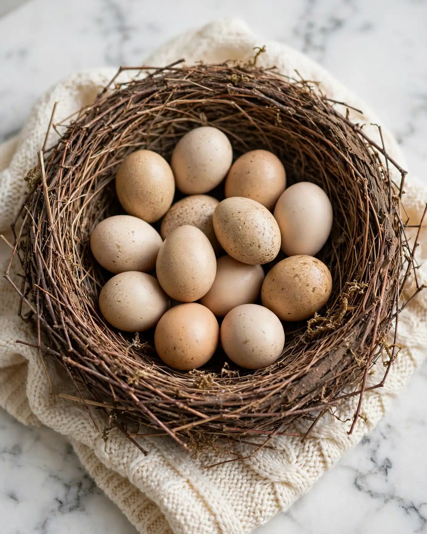 A close-up image shows a round nest made of thin brown twigs filled with a dozen eggs in different shades of beige and light brown. The eggs sit tightly packed inside the nest, which rests on a cream-colored knitted cloth placed on a white marbled surface. The overall setting emphasizes natural colors and textures in soft light. Photo taken with an iphone --ar 4:5 --v 7