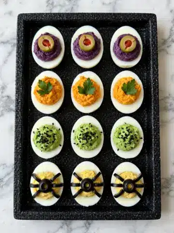 Halloween Deviled Eggs with Spooky, Pumpkin, Eyeball, and Spider Decorations Recipe