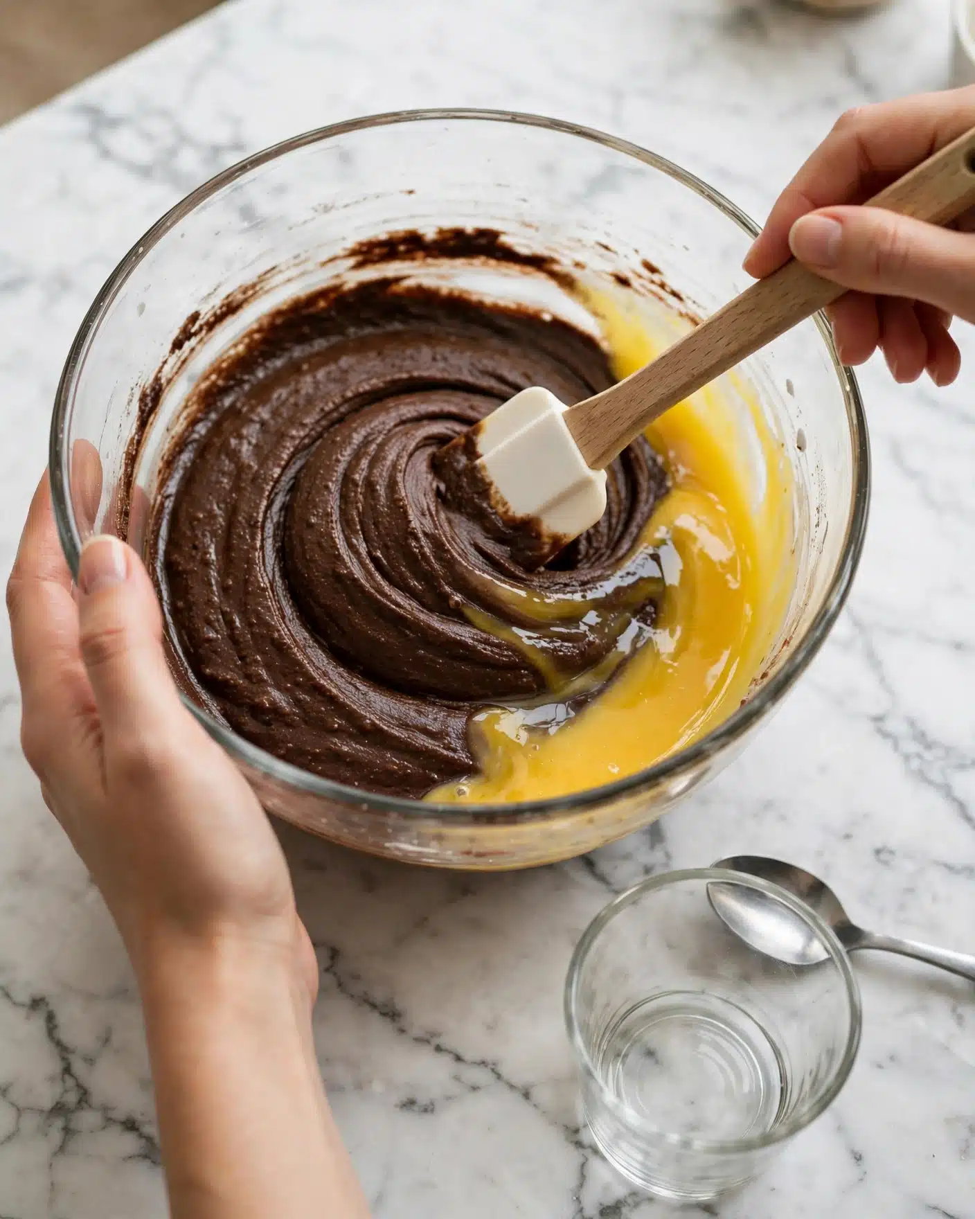 The Perfect Pumpkin Pie Recipe 4 A clear glass bowl sits on a white marbled surface, filled with a thick, dark brown mixture resembling a batter. A woman's hand holds the bowl steady while another woman's hand stirs the mixture with a wooden spatula that has a white silicone end. The batter has a smooth, dense texture with some glossy yellow liquid being folded in near the edge. Nearby on the surface, a clear glass cup and a silver spoon are visible. Photo taken with an iphone --ar 4:5 --v 7